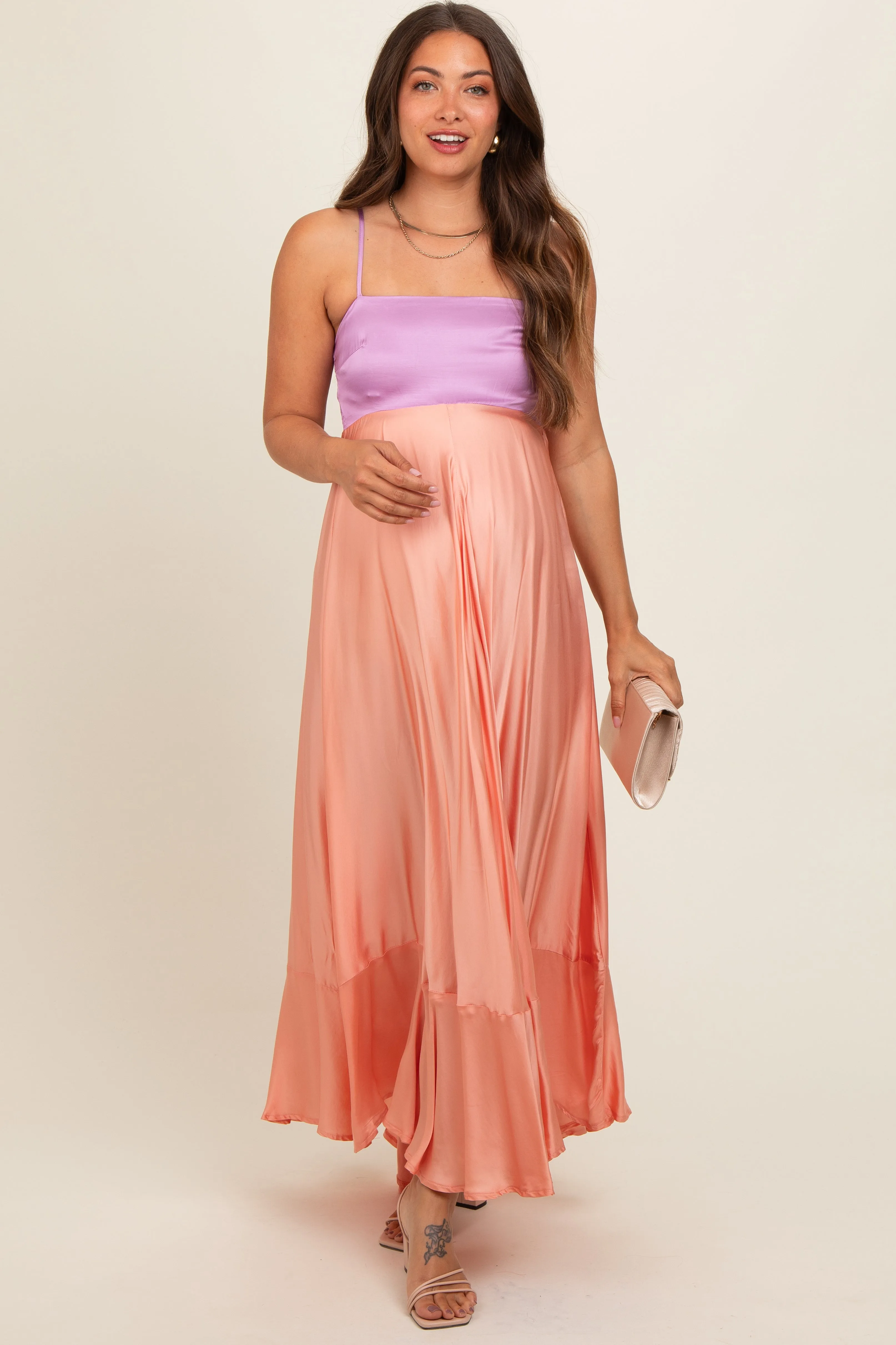 Peach Colorblock Sleeveless Satin Maternity Dress sold by Pinkblush product image thumbnail 3