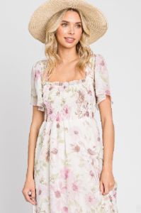 Pink Floral Chiffon Smocked Short Sleeve Maxi Dress sold by Pinkblush