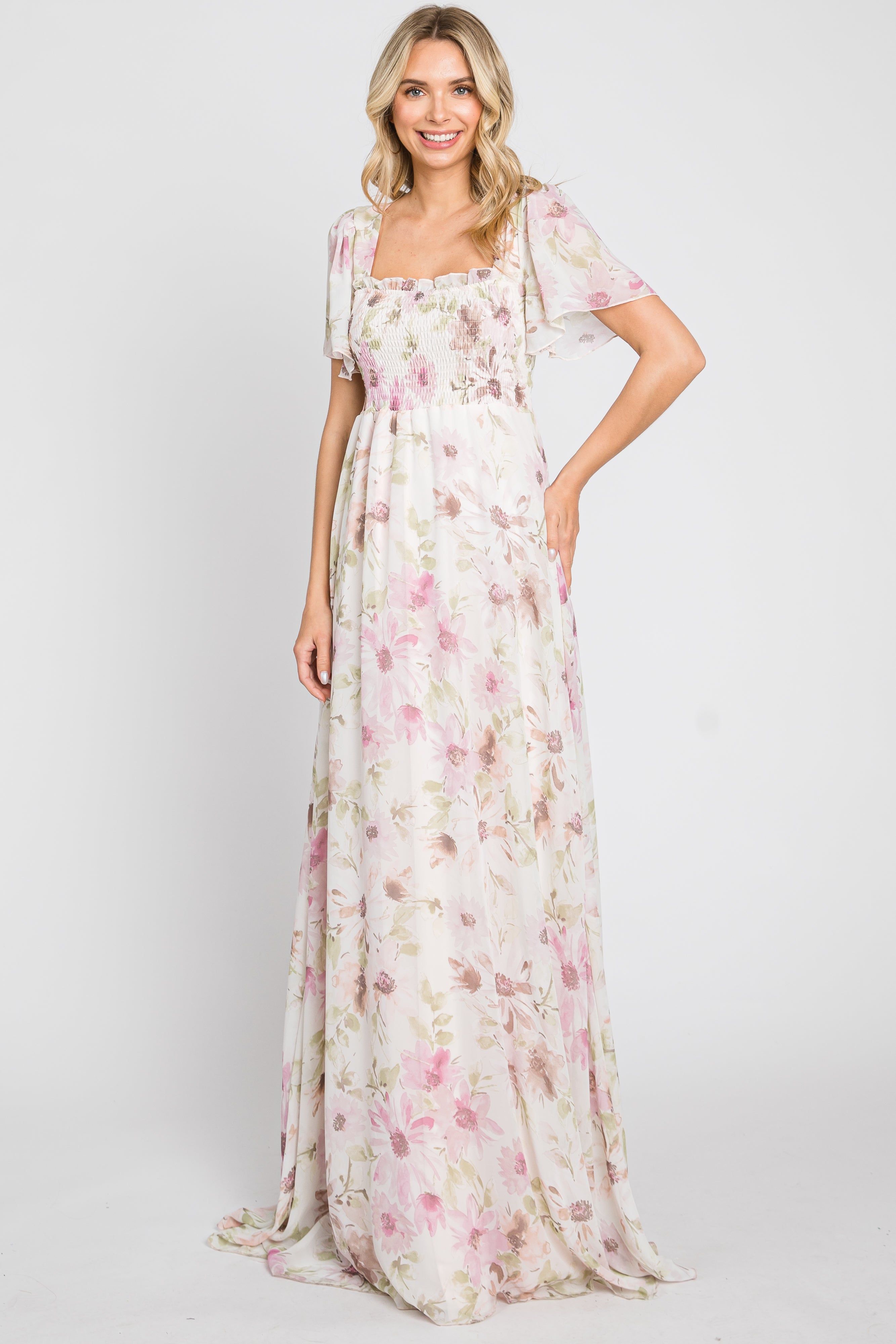 Pink Floral Chiffon Smocked Short Sleeve Maxi Dress sold by Pinkblush product image thumbnail 2