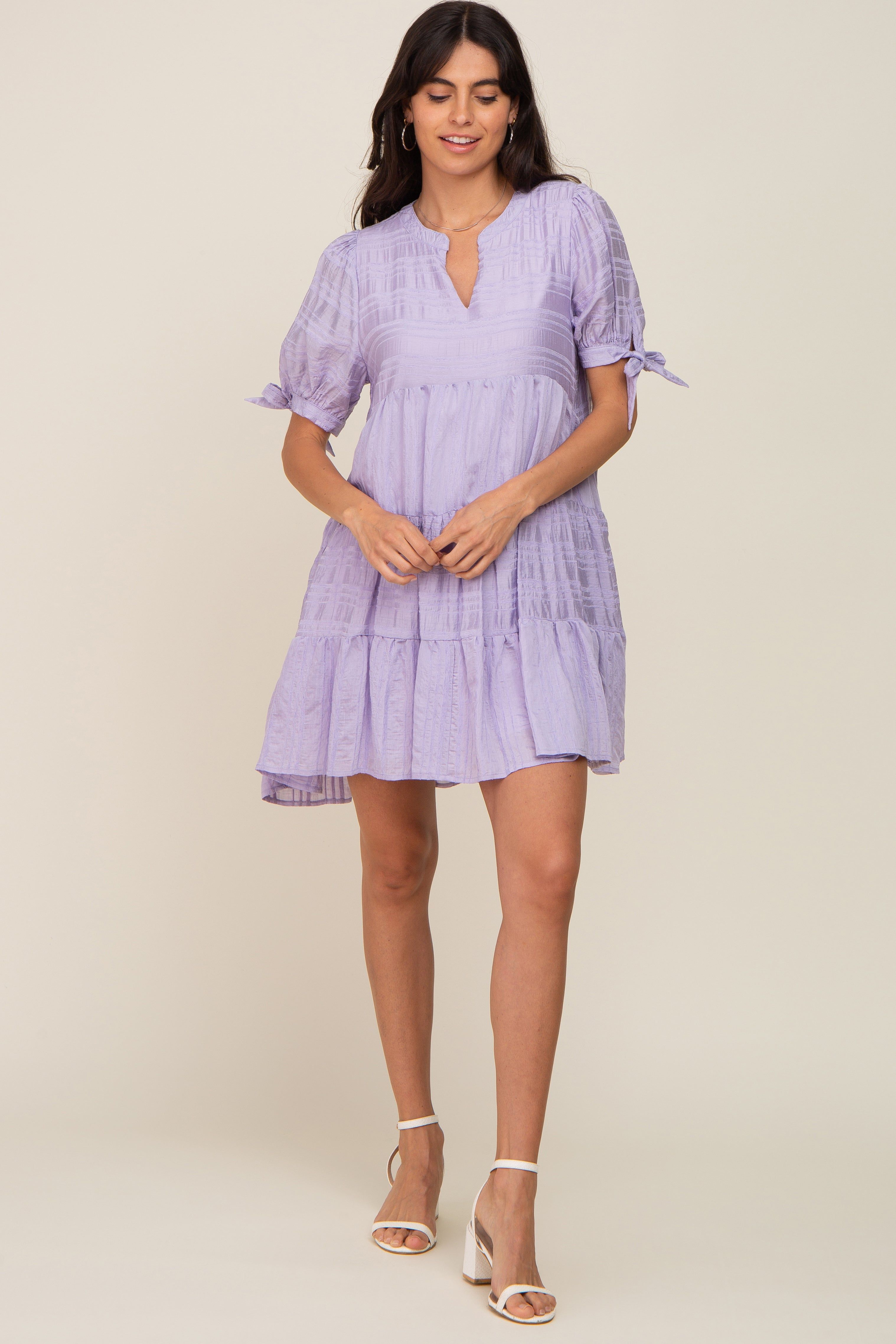 Lavender Textured Stripe V-Neck Tiered Dress sold by Pinkblush