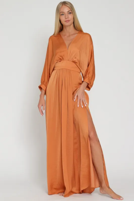 Rust Long Dolman Sleeve Tie Back Waisted Maxi Dress sold by Pinkblush