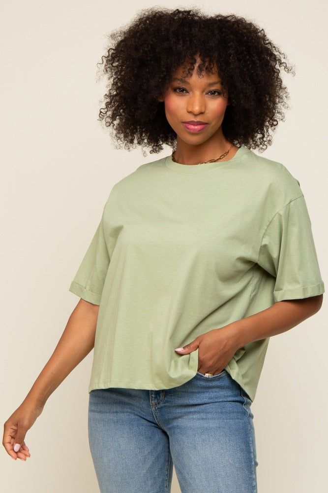 Light Green Basic Rolled Short Sleeve T-Shirt sold by Pinkblush