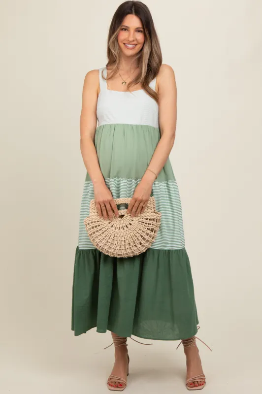 Green Striped Color Block Back Bow Maternity Midi Dress sold by Pinkblush