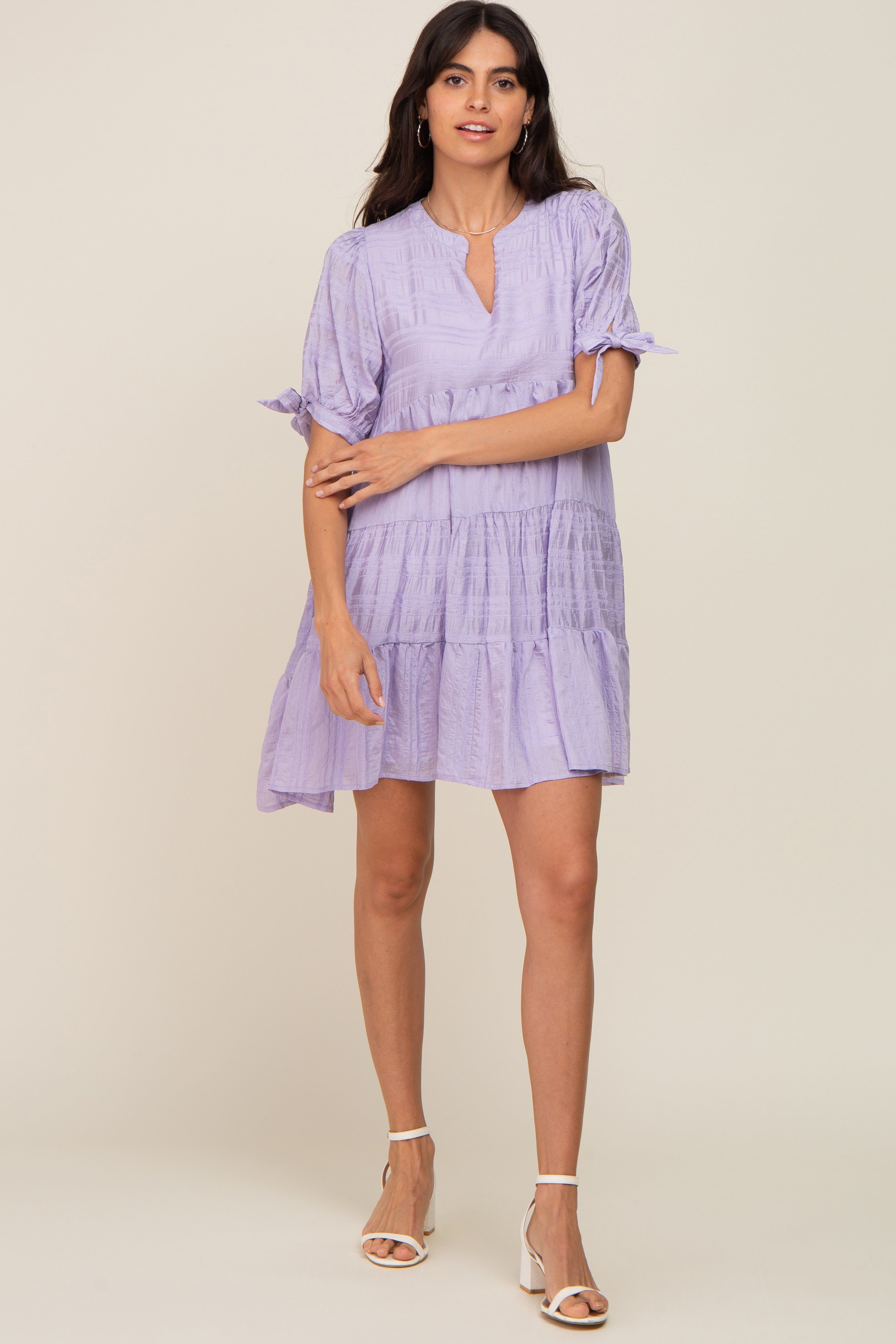 Lavender Textured Stripe V-Neck Tiered Dress sold by Pinkblush product image thumbnail 5