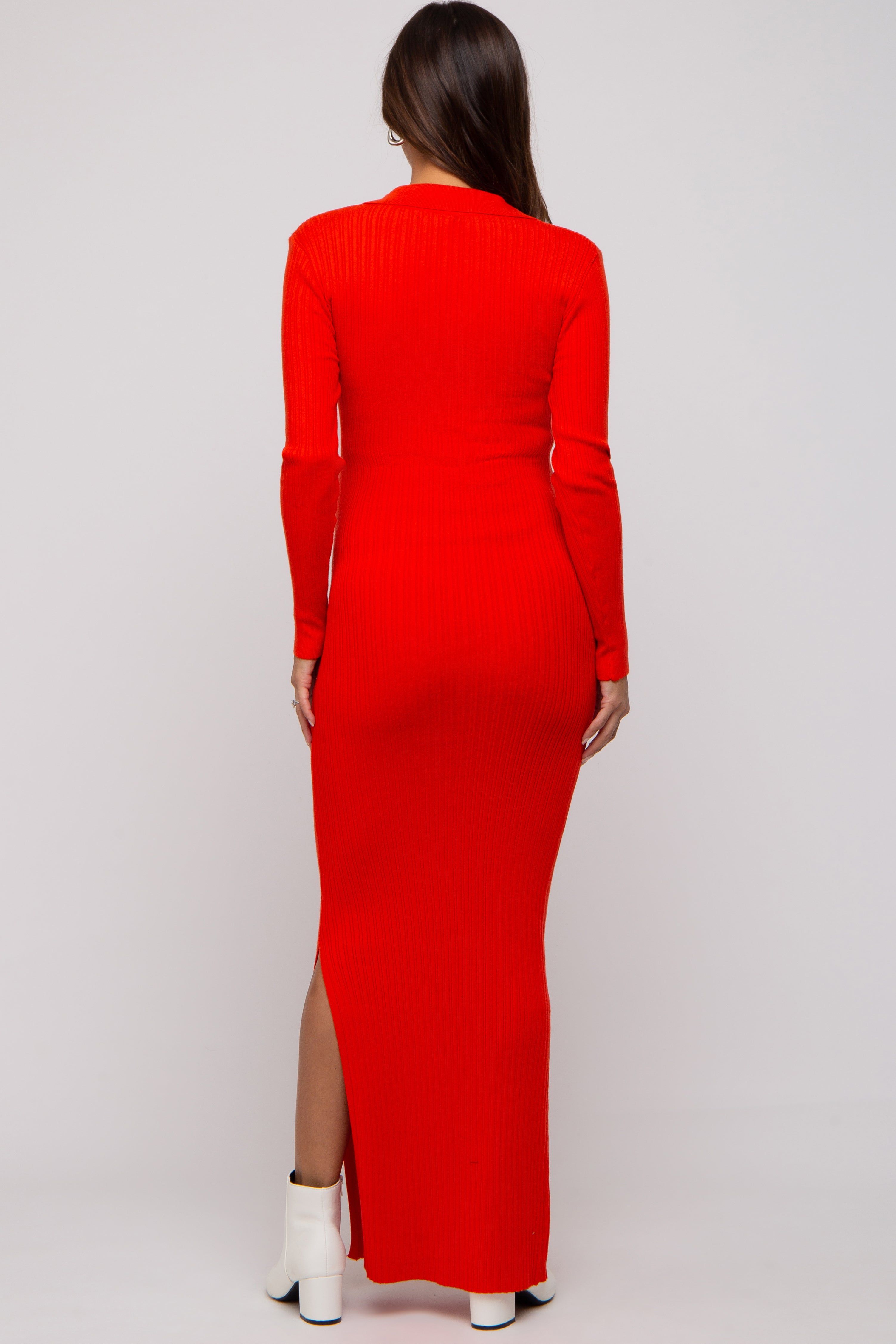 Red Orange Rib Knit Collared Maternity Maxi Dress sold by Pinkblush product image thumbnail 3