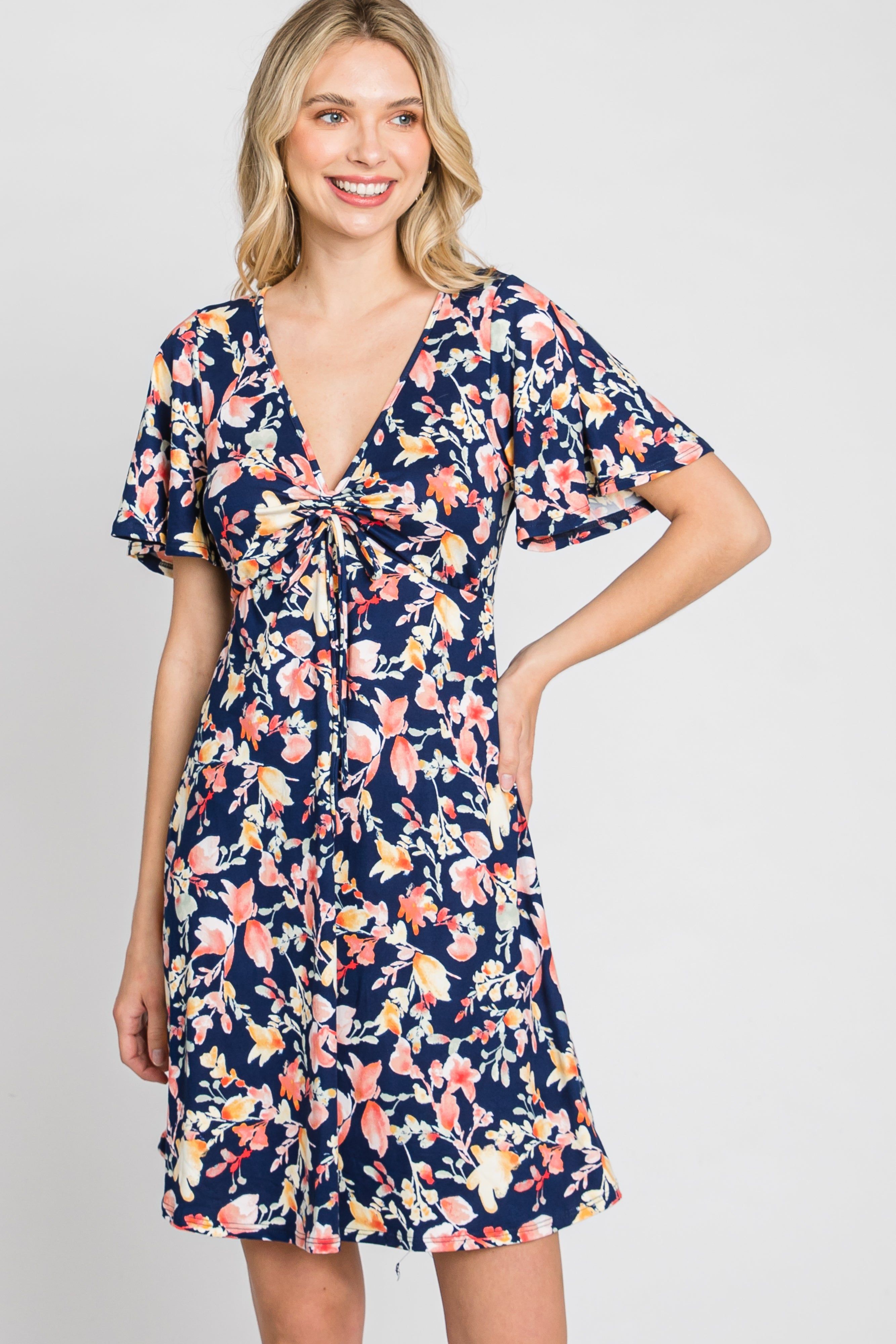 Navy Floral Short Sleeve Dress sold by Pinkblush
