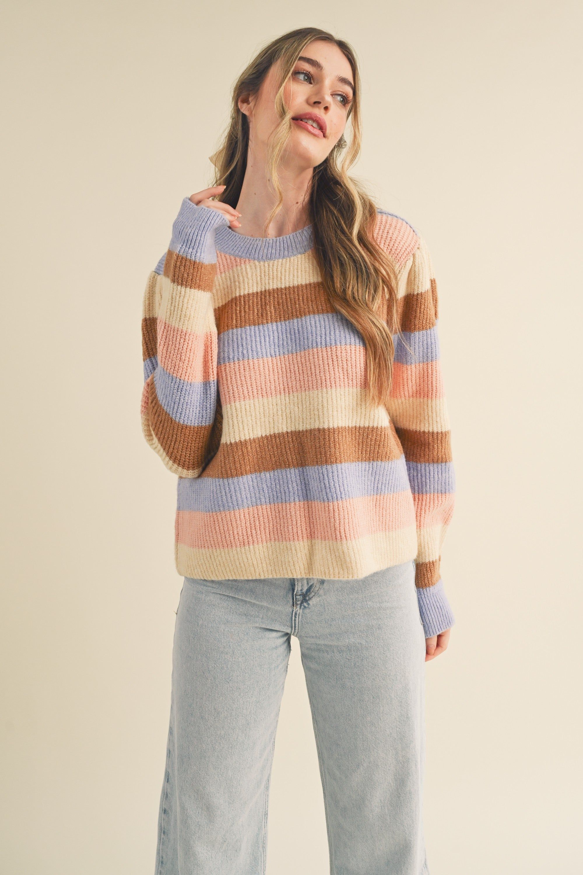 Lavender Multi Stripe Color Block Pullover Sweater sold by Pinkblush