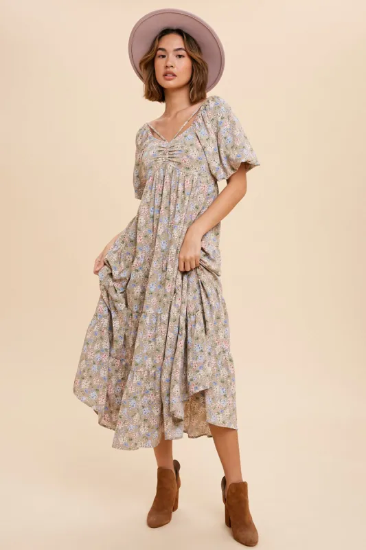 Beige Floral Ruched Strappy V-Neck Front Puff Short Sleeve Midi Dress sold by Pinkblush