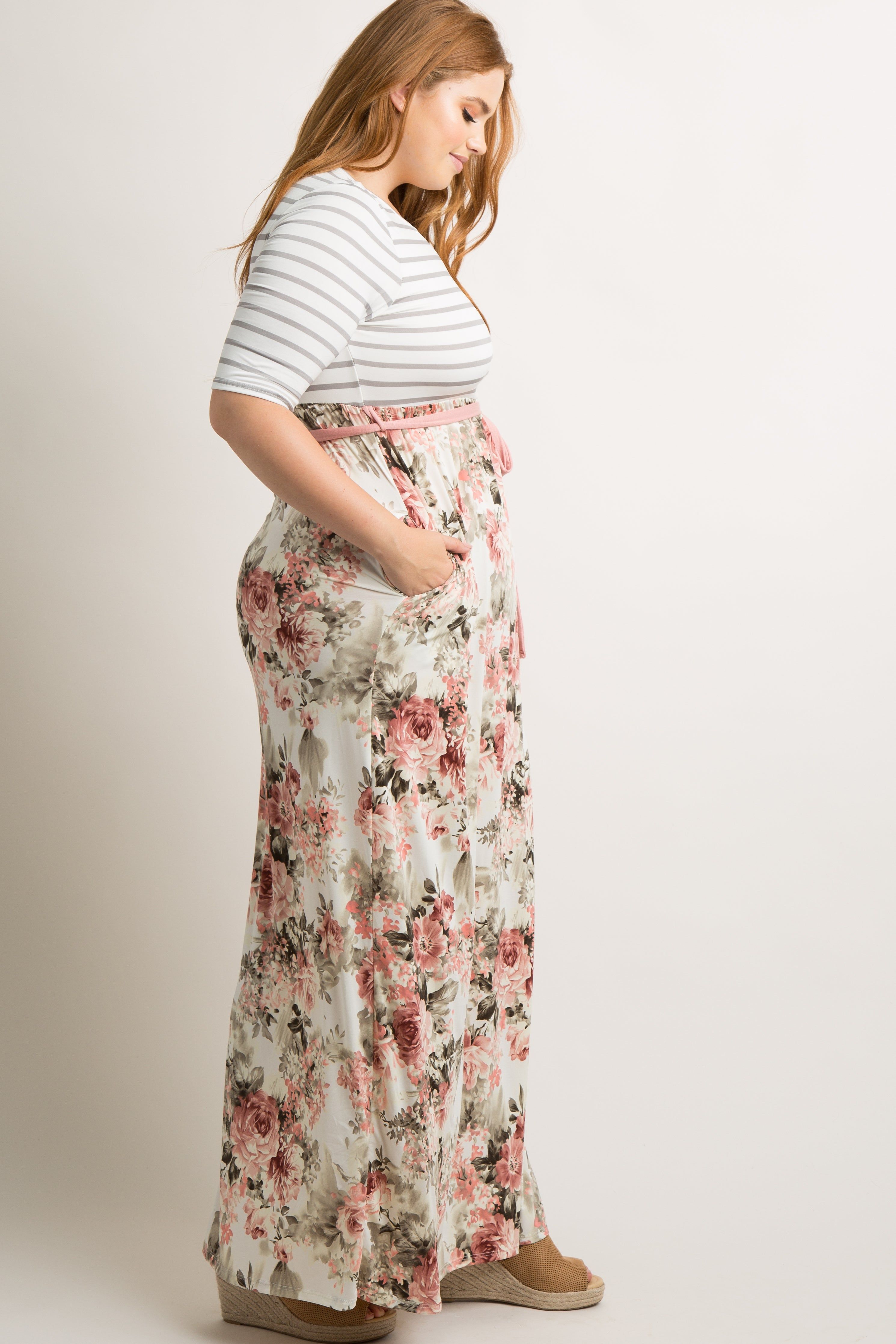 Ivory Striped Colorblock Floral Plus Maxi Dress sold by Pinkblush product image thumbnail 2