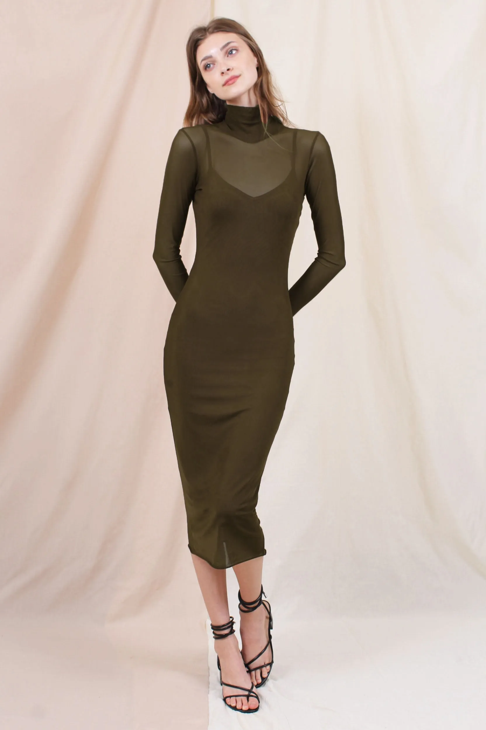 Olive Mesh Overlay Fitted Midi Dress sold by Pinkblush