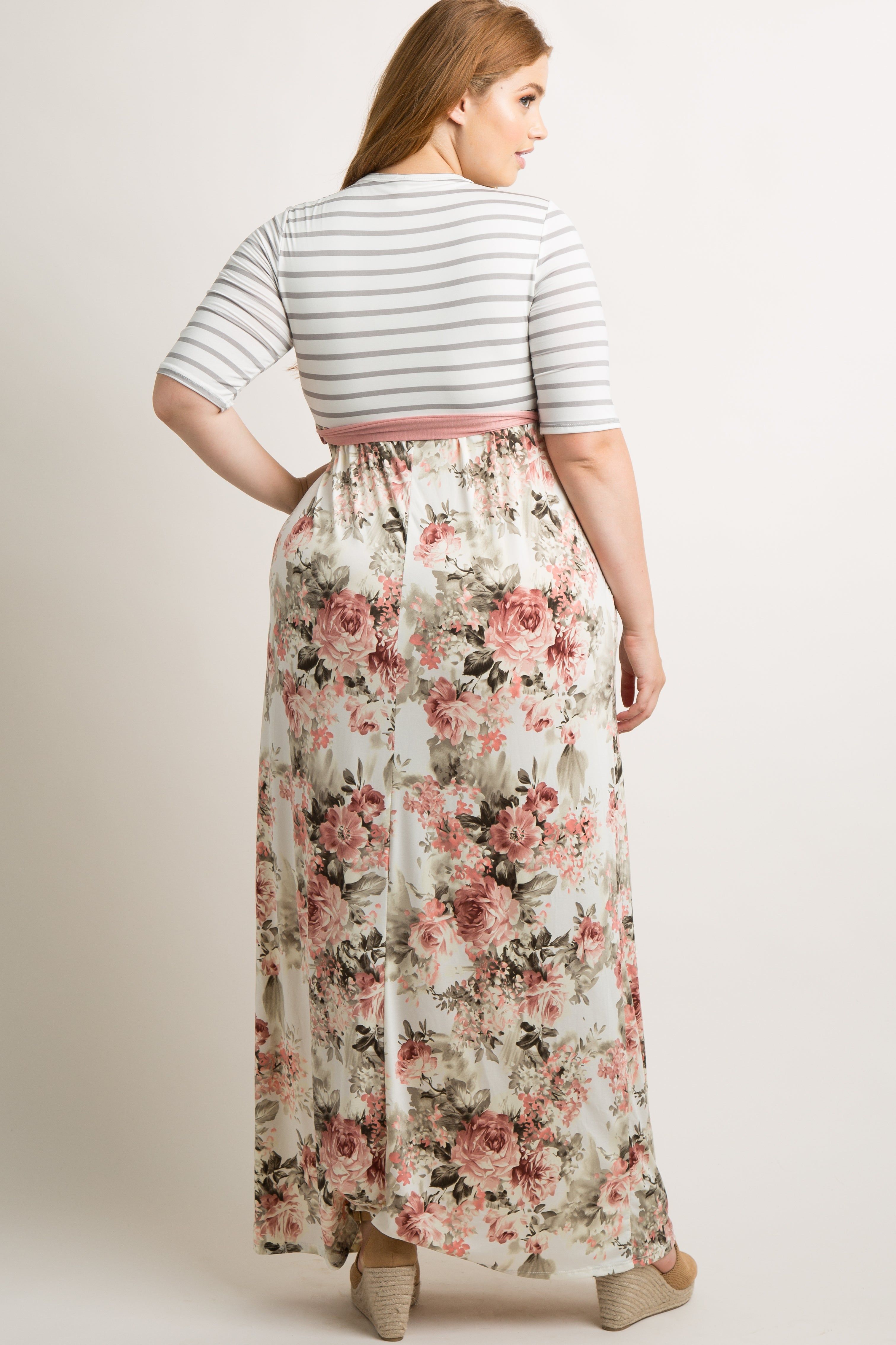 Ivory Striped Colorblock Floral Plus Maxi Dress sold by Pinkblush product image thumbnail 3