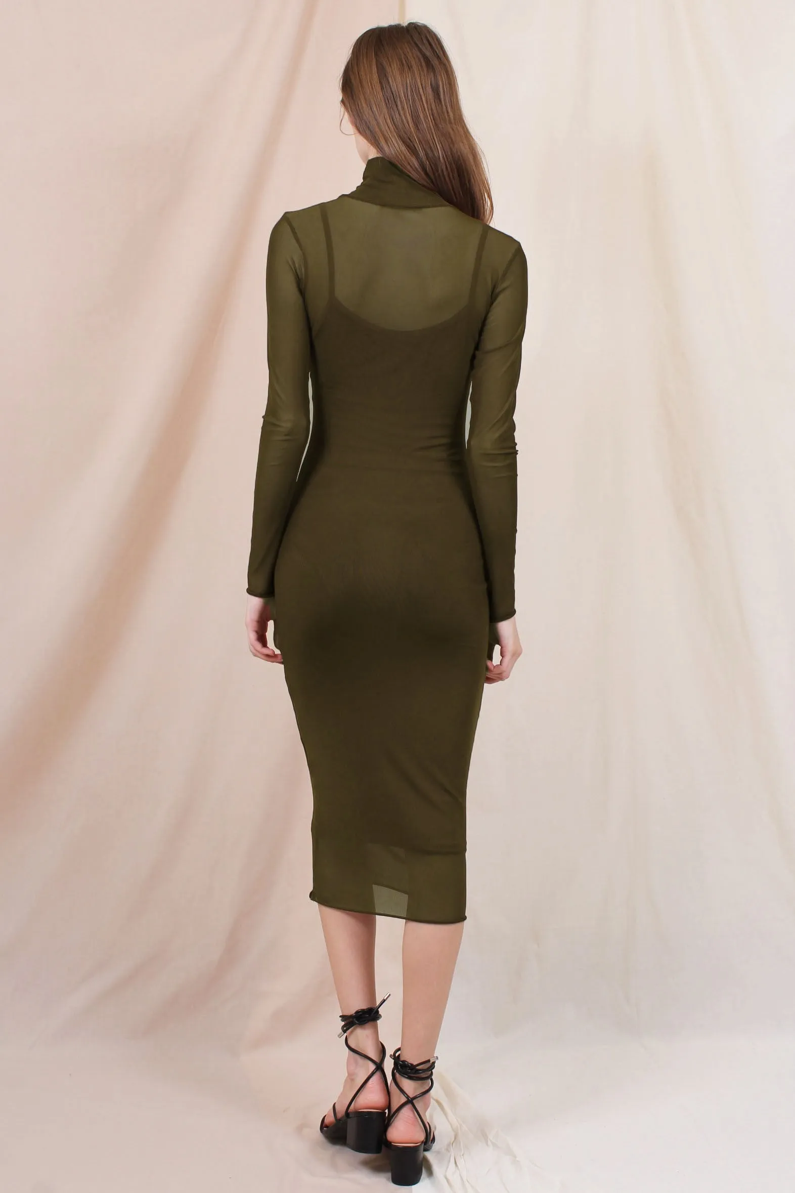 Olive Mesh Overlay Fitted Midi Dress sold by Pinkblush product image thumbnail 2