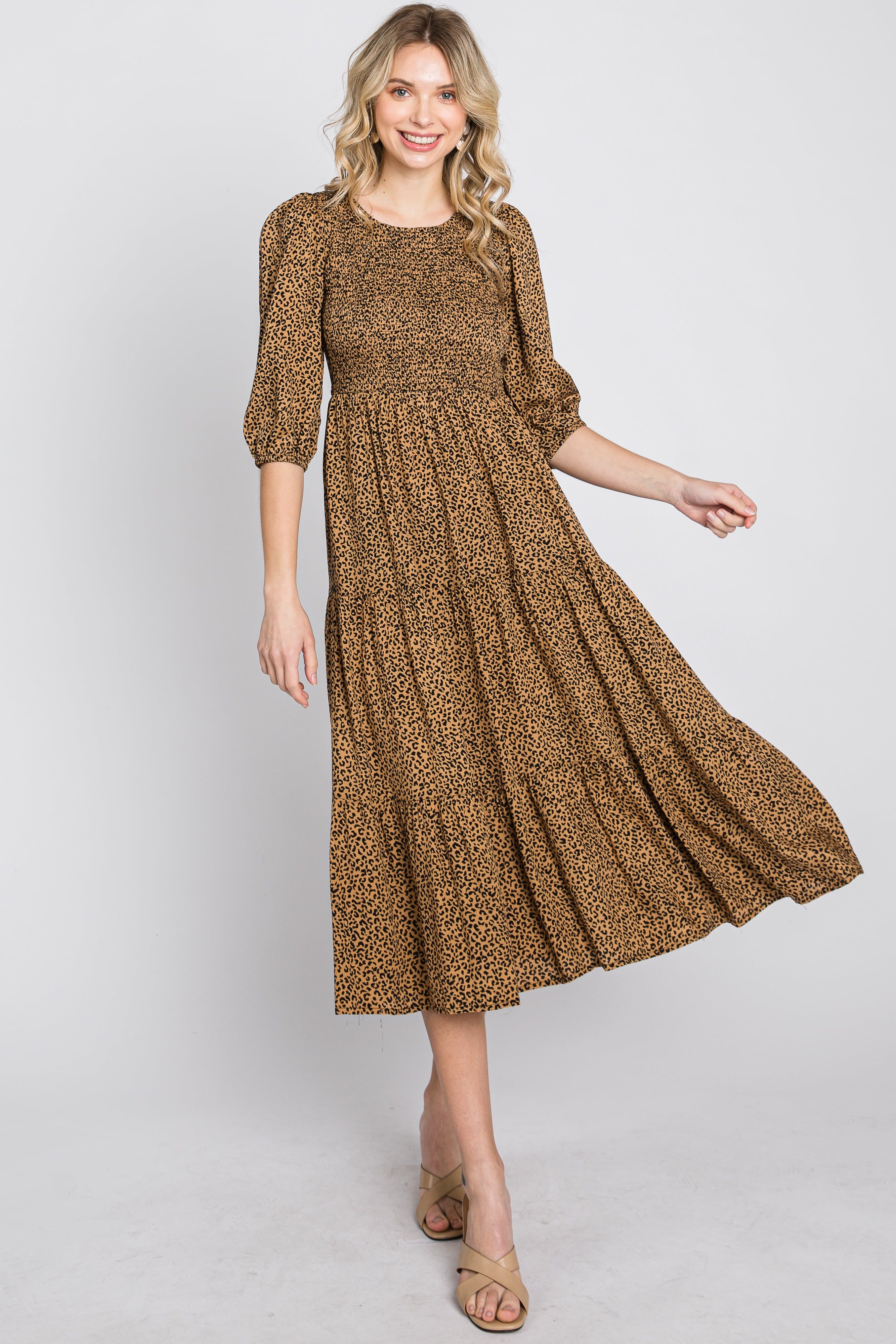 Camel Animal Print Smocked Midi Dress sold by Pinkblush product image thumbnail 3