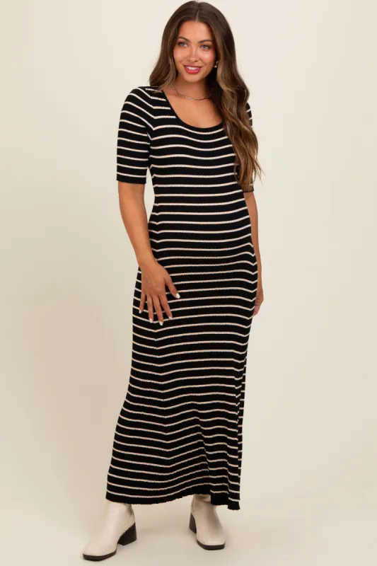 Black Striped Ribbed Short Sleeve Maternity Maxi Dress sold by Pinkblush