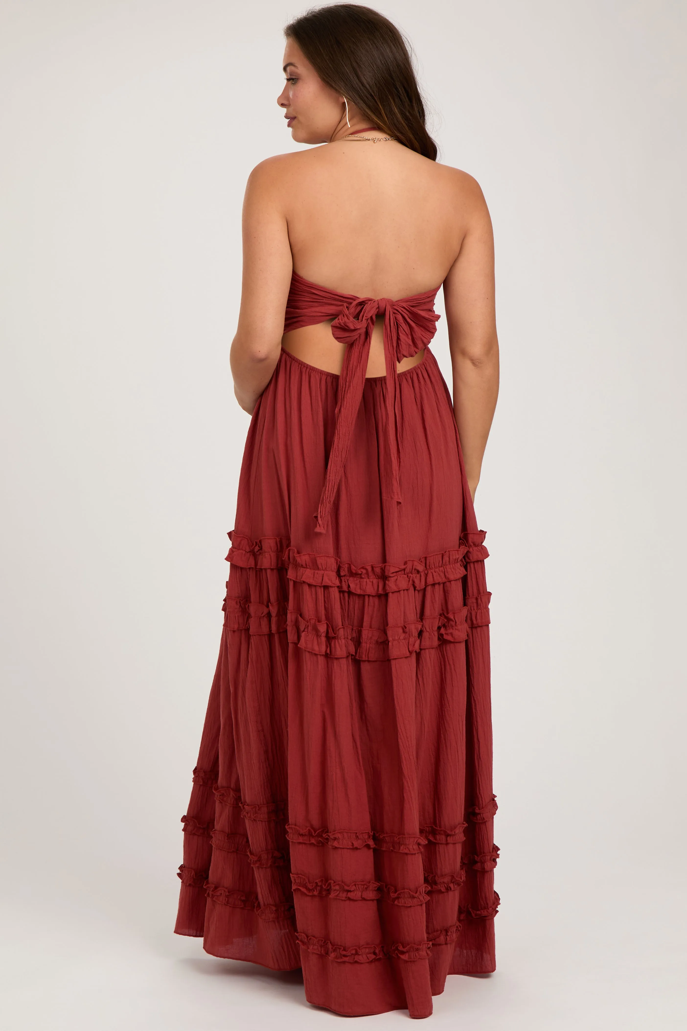 Rust Ruffle Ruched Deep V-Neck Maternity Maxi Dress sold by Pinkblush product image thumbnail 3