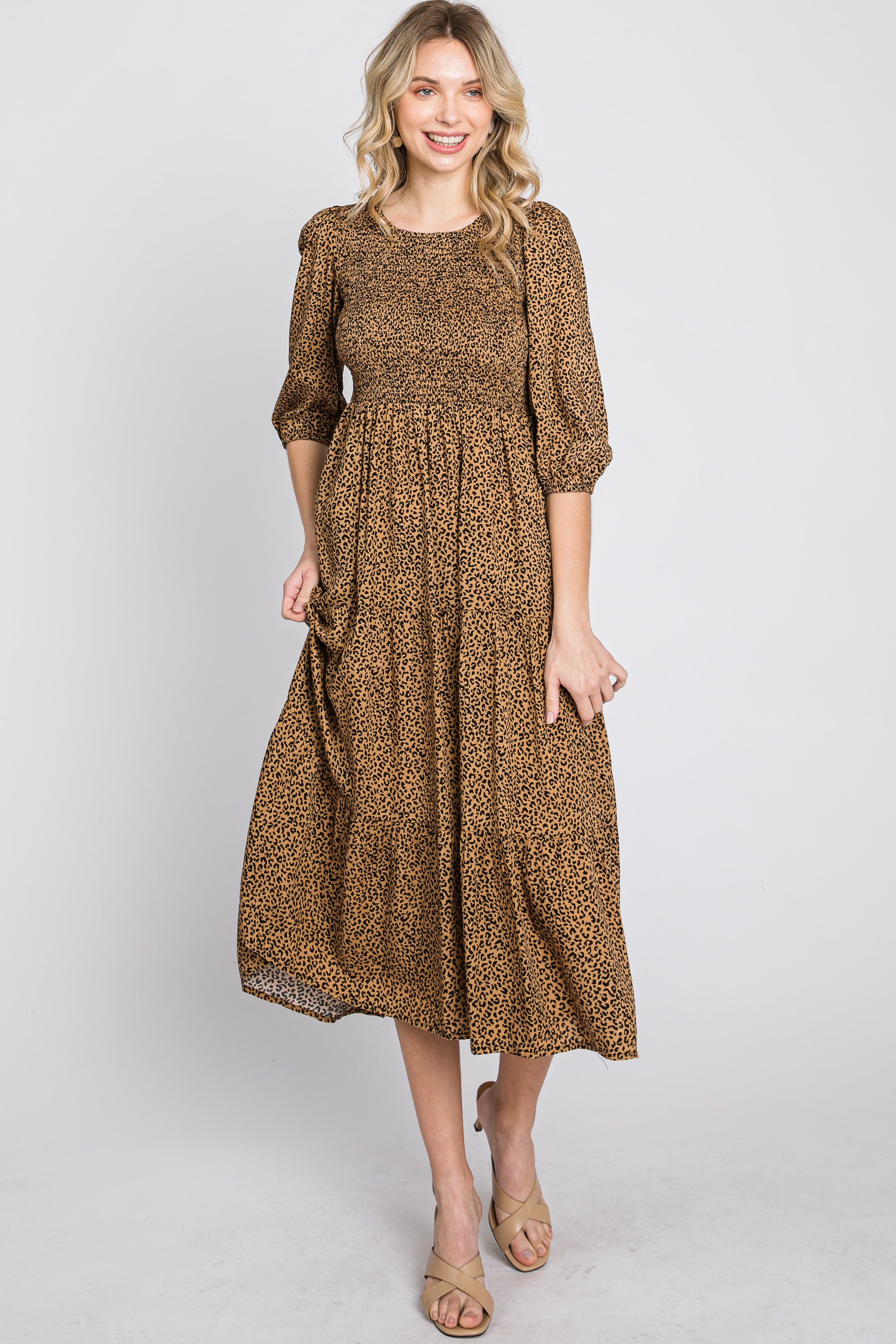 Camel Animal Print Smocked Midi Dress sold by Pinkblush product image thumbnail 4