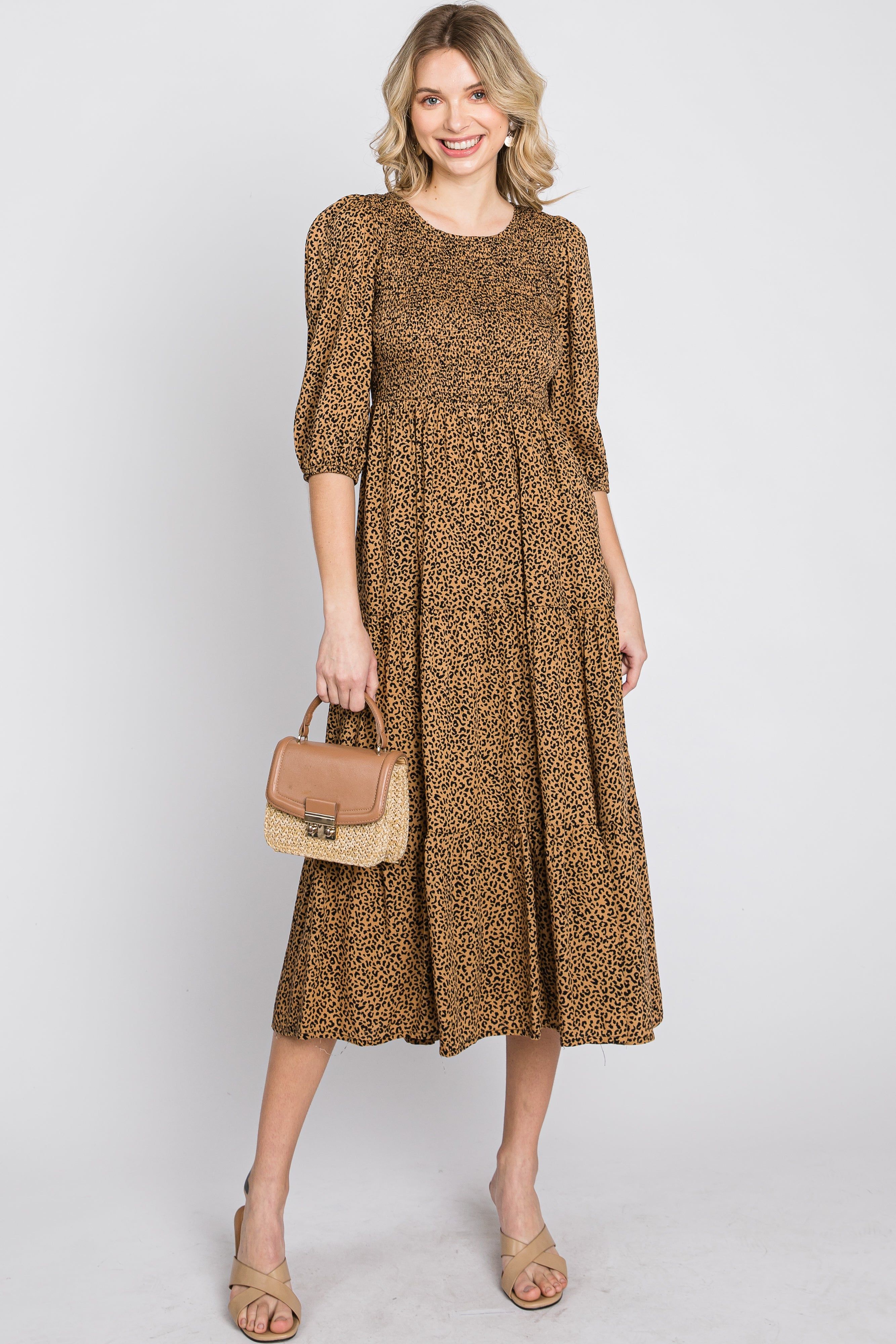 Camel Animal Print Smocked Midi Dress sold by Pinkblush