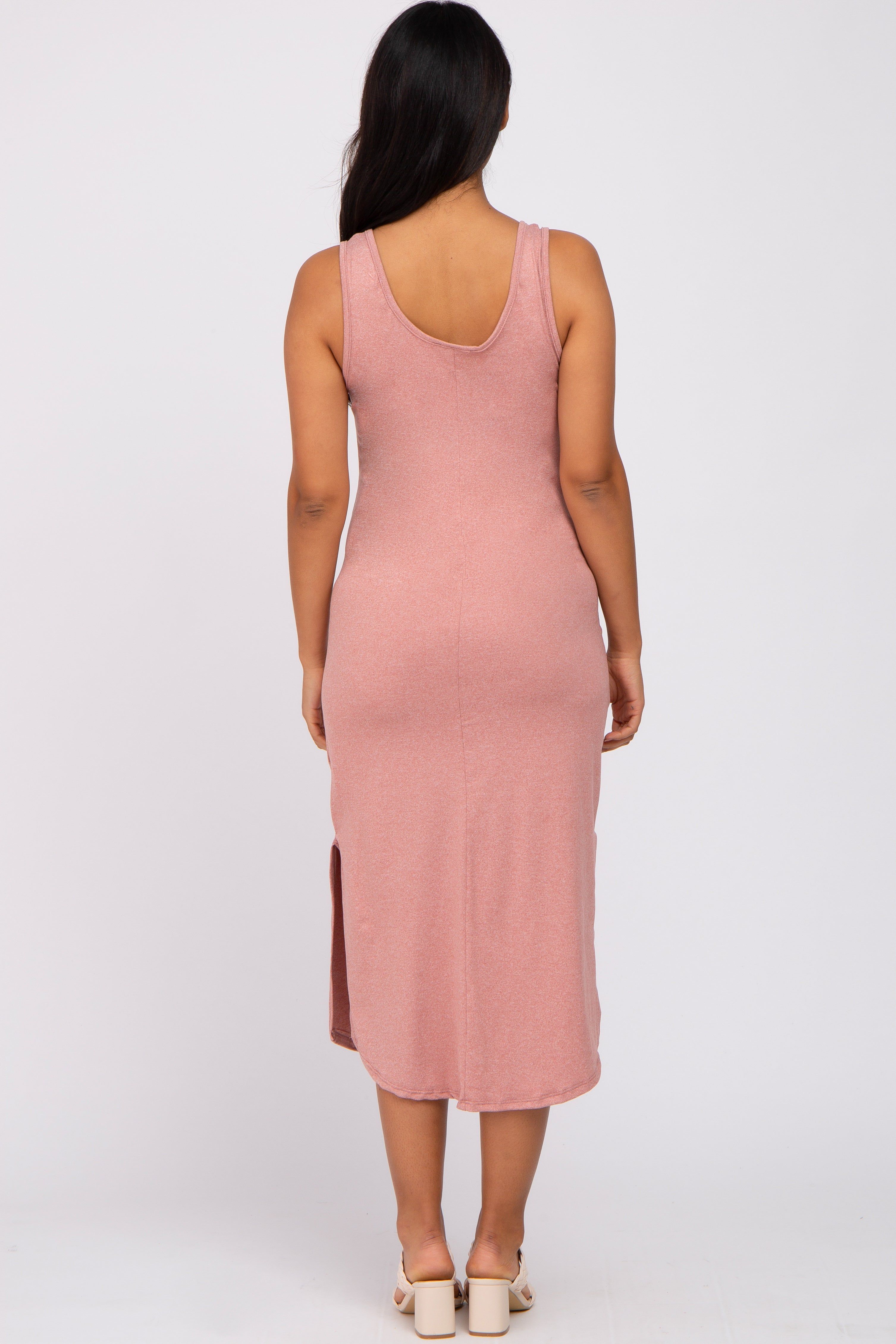 Mauve Heathered Sleeveless Pocket Front Maternity Midi Dress sold by Pinkblush product image thumbnail 3