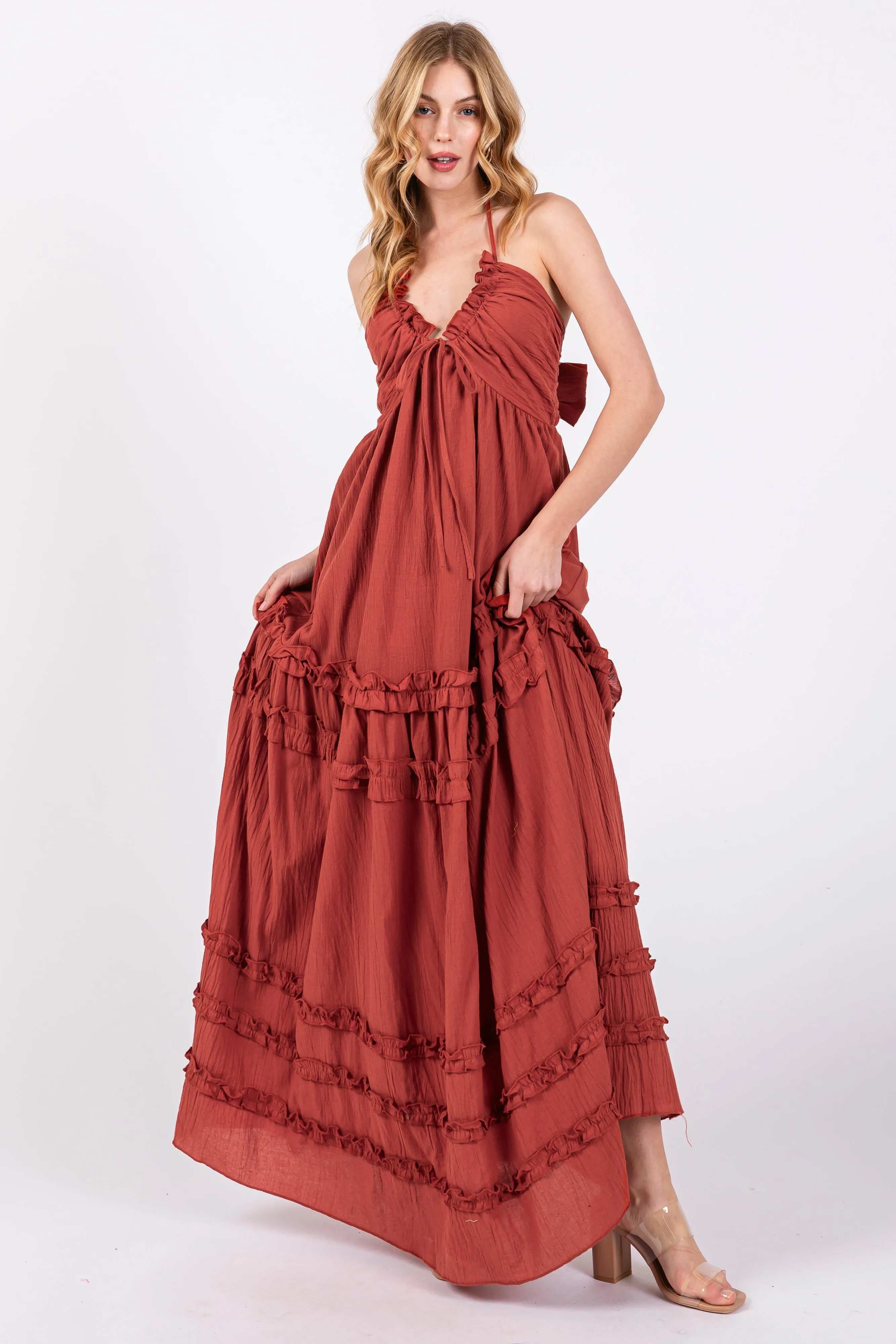 Rust Ruffle Ruched Deep V-Neck Maternity Maxi Dress sold by Pinkblush product image thumbnail 4