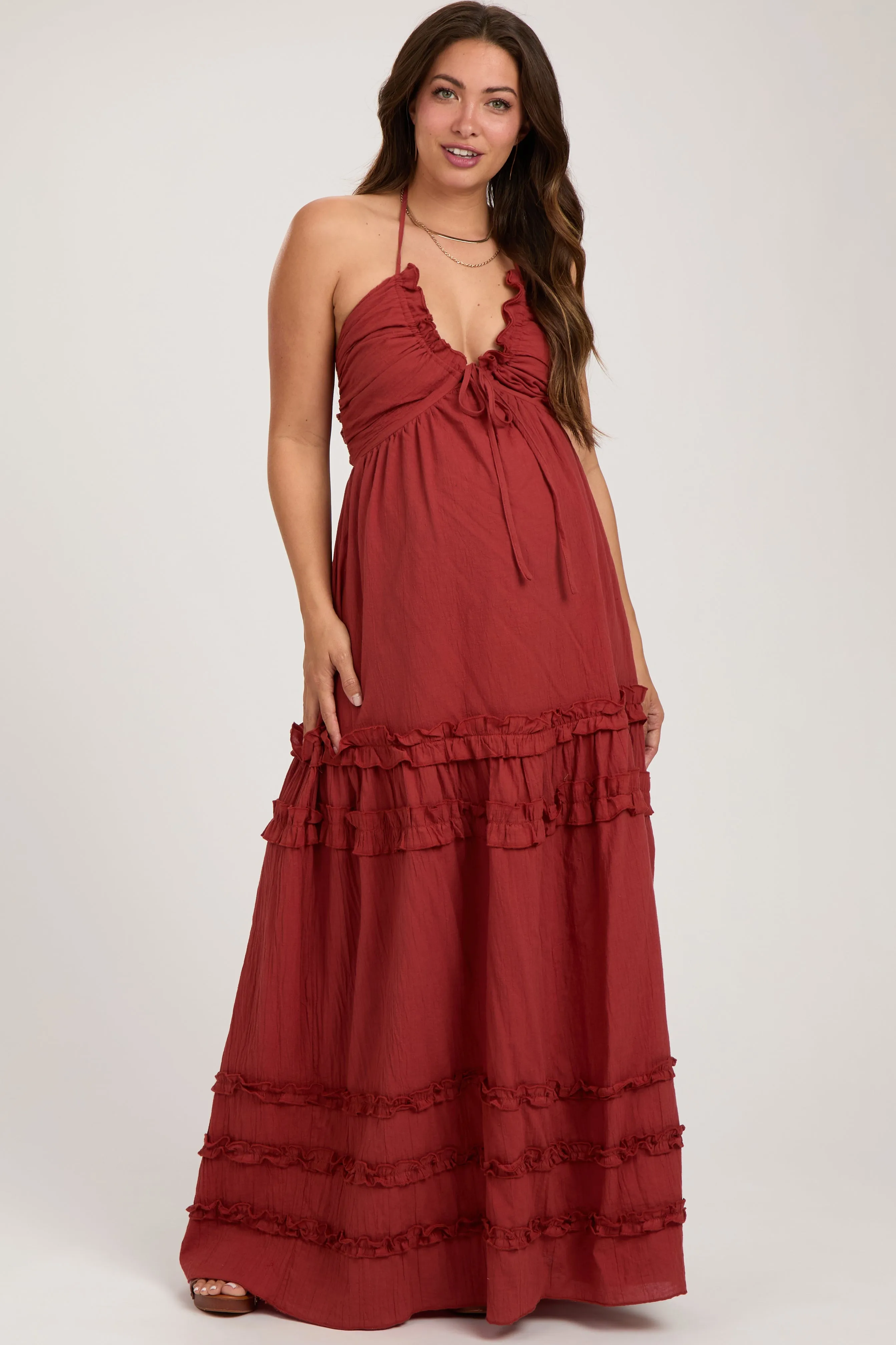 Rust Ruffle Ruched Deep V-Neck Maternity Maxi Dress sold by Pinkblush