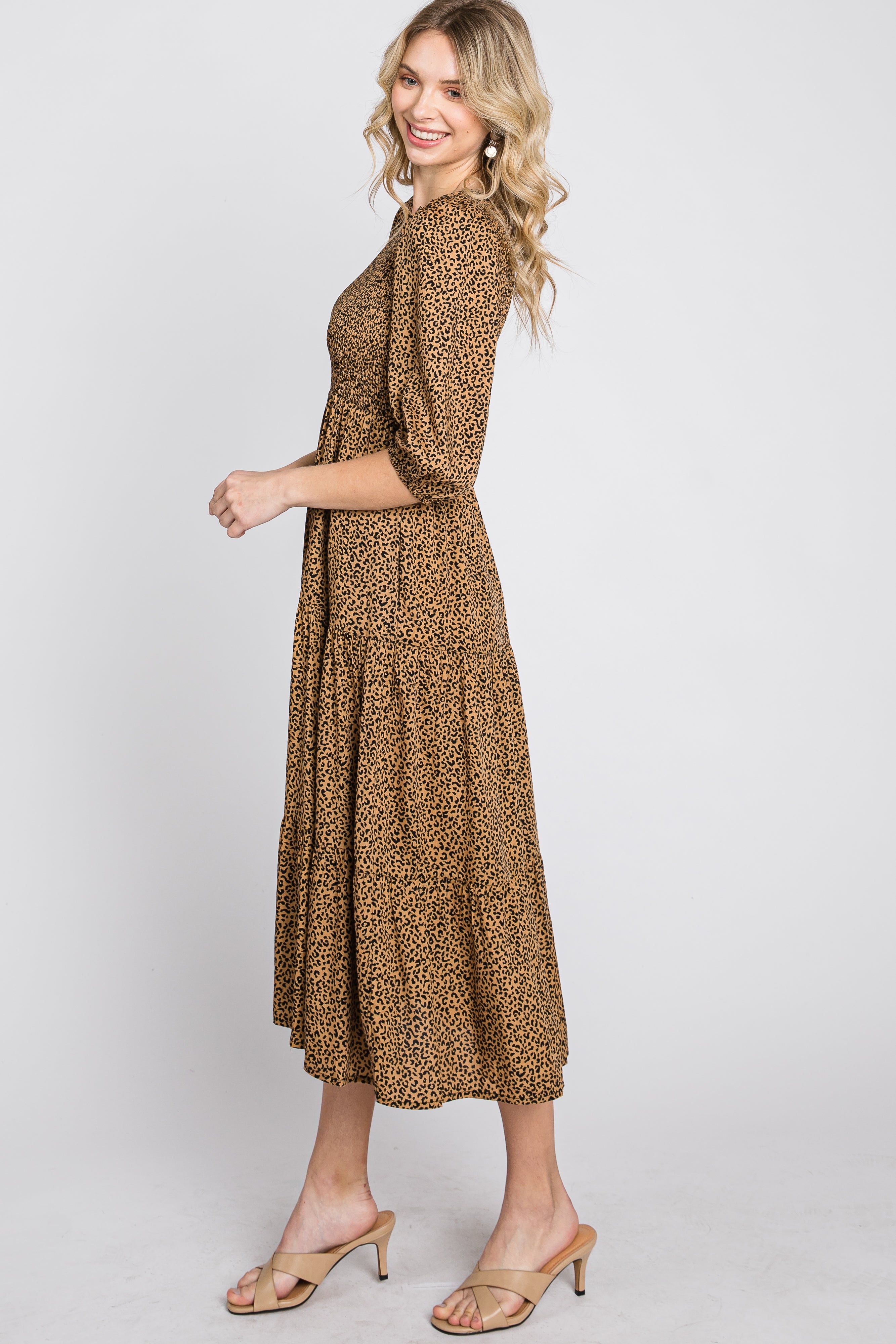 Camel Animal Print Smocked Midi Dress sold by Pinkblush product image thumbnail 5