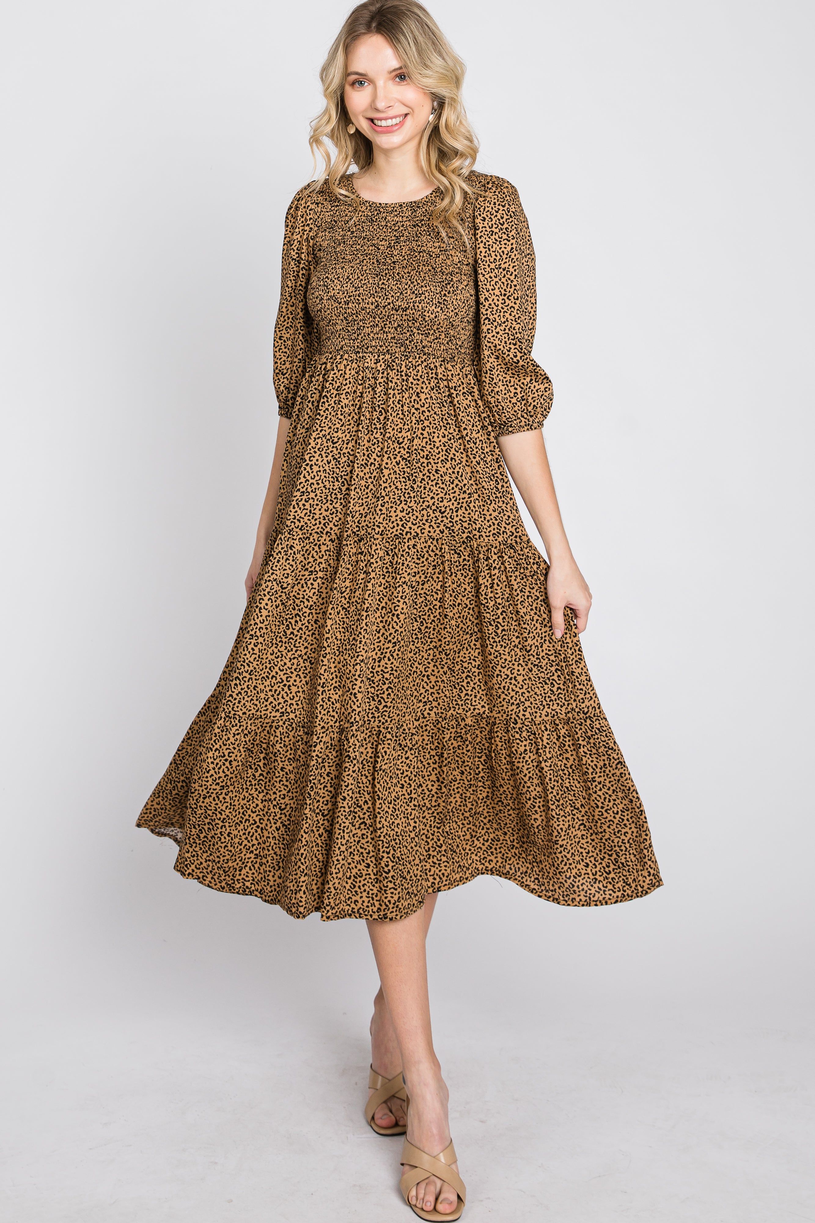 Camel Animal Print Smocked Midi Dress sold by Pinkblush product image thumbnail 2
