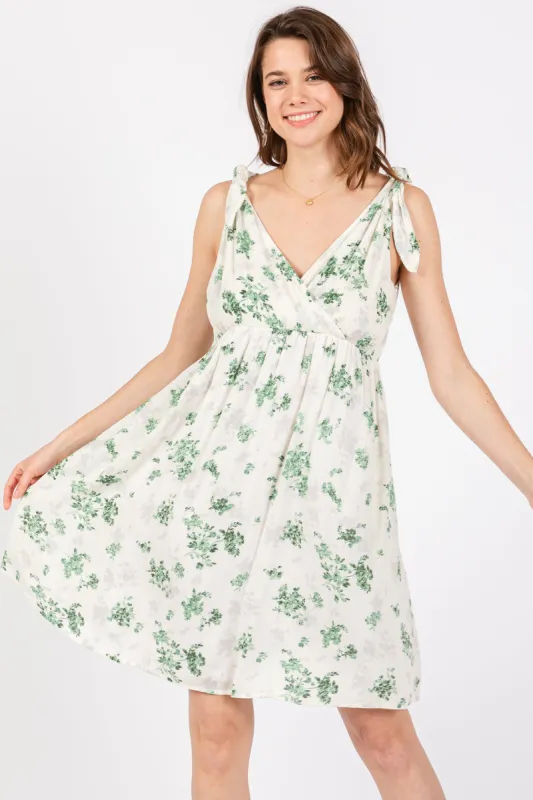 Ivory Green Floral Knotted Wrap V-Neck Dress sold by Pinkblush