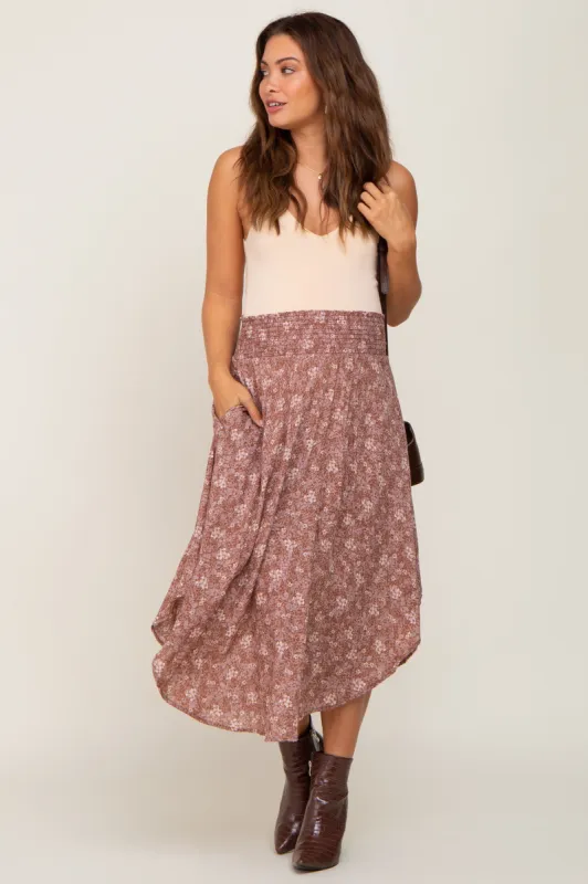 Mauve Floral Smocked Waist Maternity Midi Skirt sold by Pinkblush