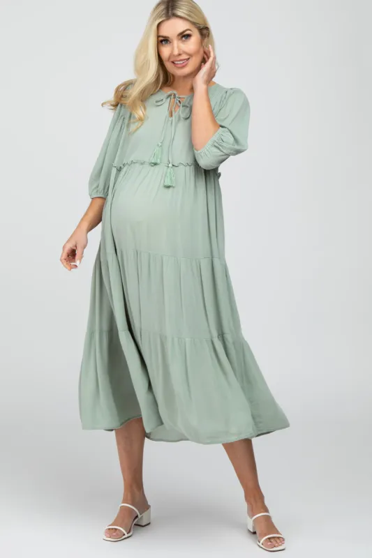Light Olive Puff Sleeve Tiered Maternity Midi Dress sold by Pinkblush
