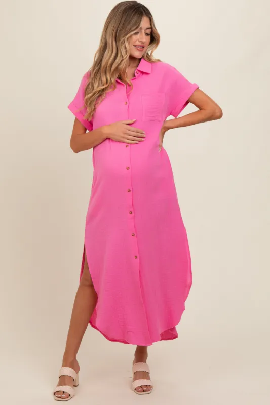 Fuchsia Button Down Maternity Midi Dress sold by Pinkblush