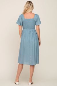 Light Blue Smocked Square Neck Flutter Short Sleeve Midi Dress sold by Pinkblush