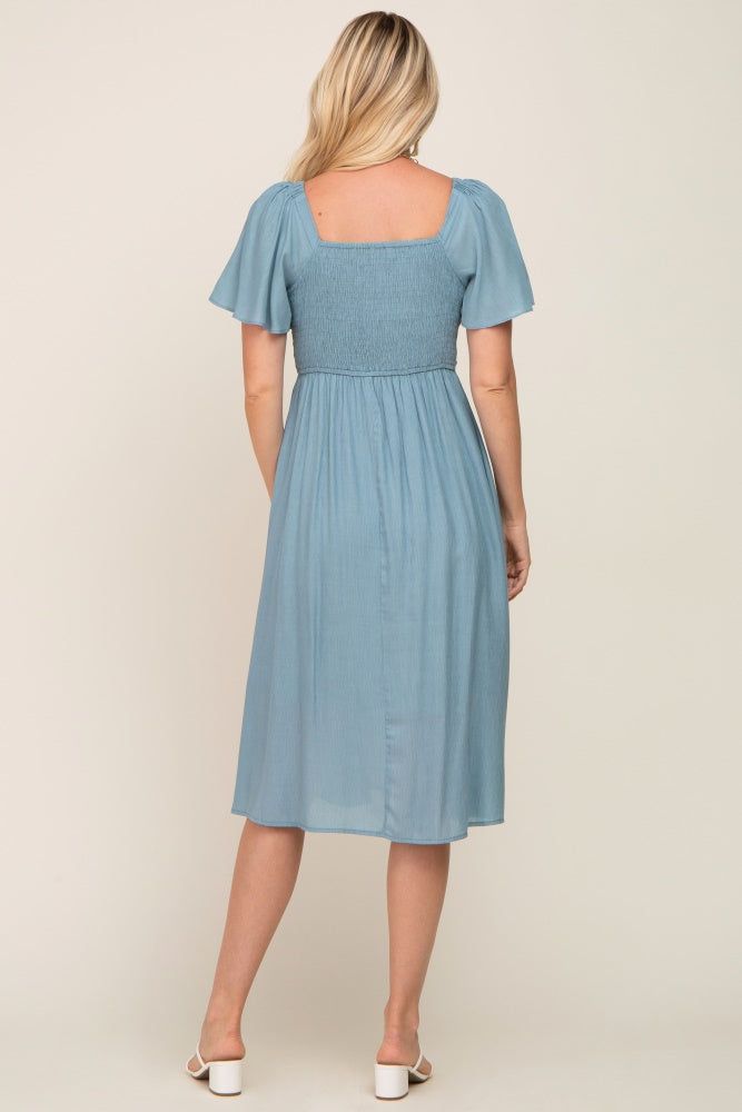 Light Blue Smocked Square Neck Flutter Short Sleeve Midi Dress sold by Pinkblush product image thumbnail 3