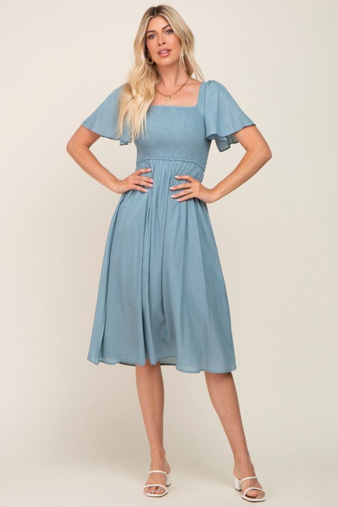 Light Blue Smocked Square Neck Flutter Short Sleeve Midi Dress sold by Pinkblush