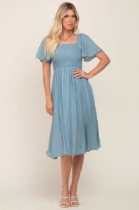 Light Blue Smocked Square Neck Flutter Short Sleeve Midi Dress sold by Pinkblush