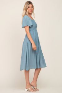 Light Blue Smocked Square Neck Flutter Short Sleeve Midi Dress sold by Pinkblush