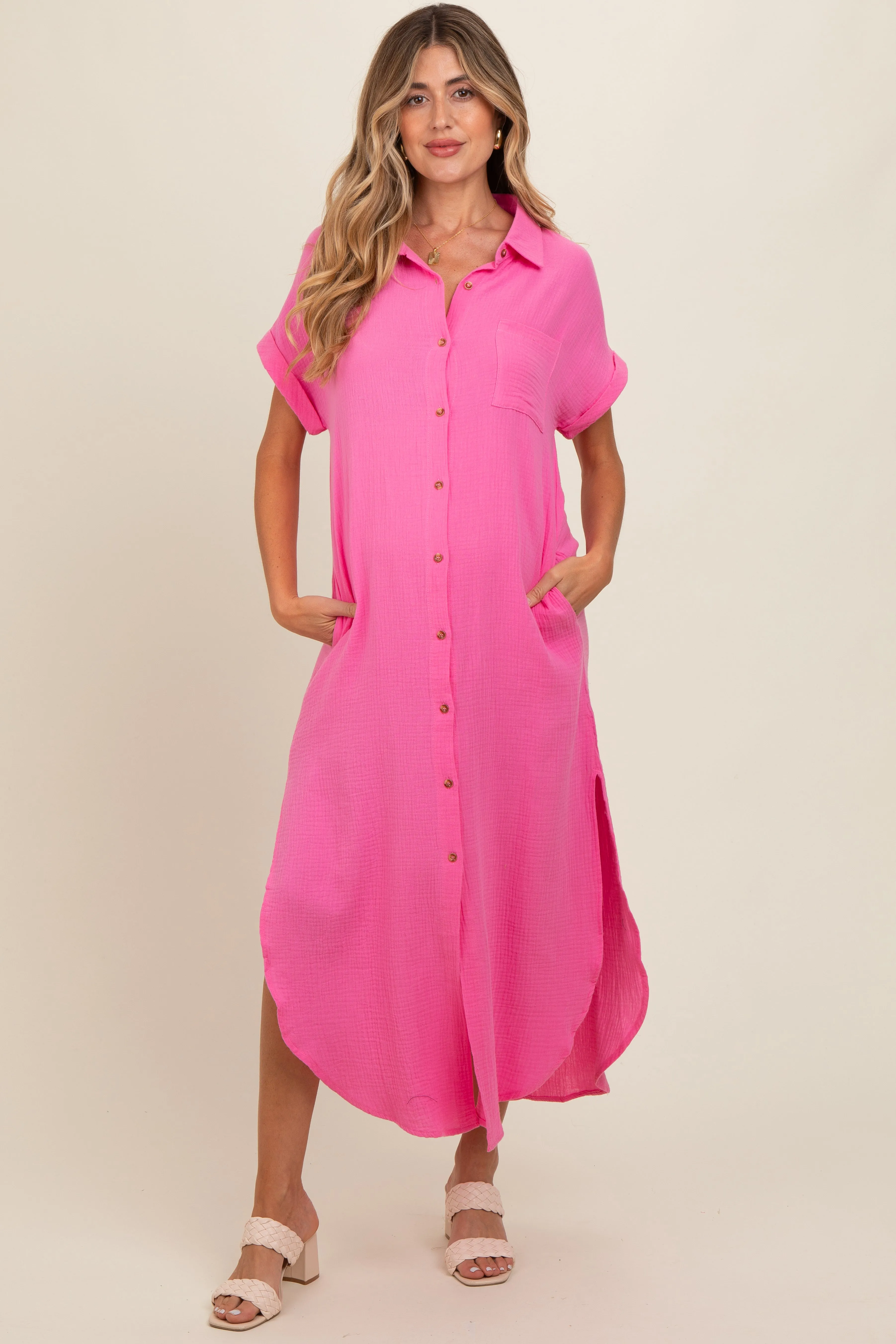 Fuchsia Button Down Maternity Midi Dress sold by Pinkblush product image thumbnail 2