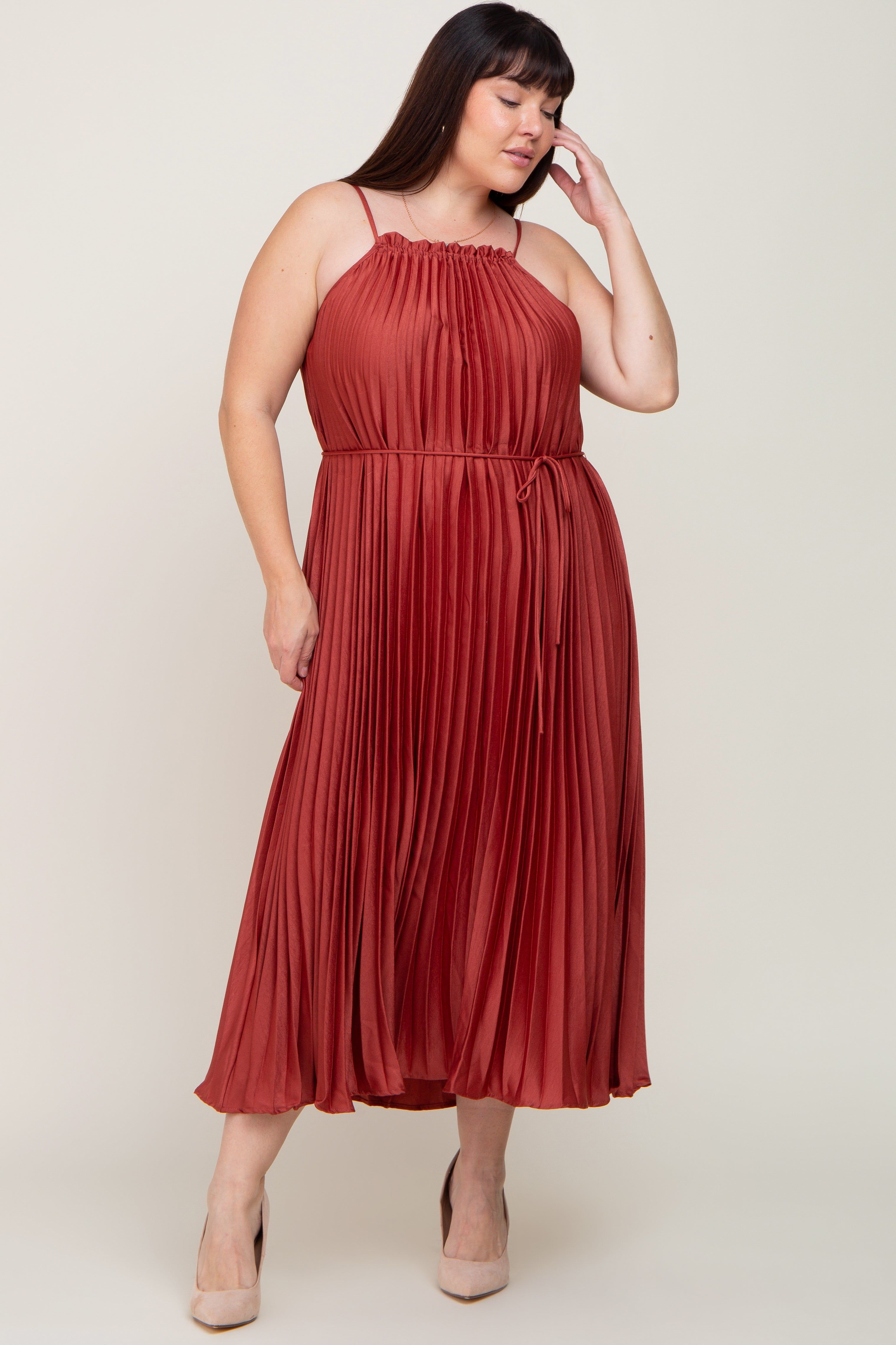 Rust Pleated Sleeveless Waist Tie Plus Maxi Dress sold by Pinkblush product image thumbnail 4