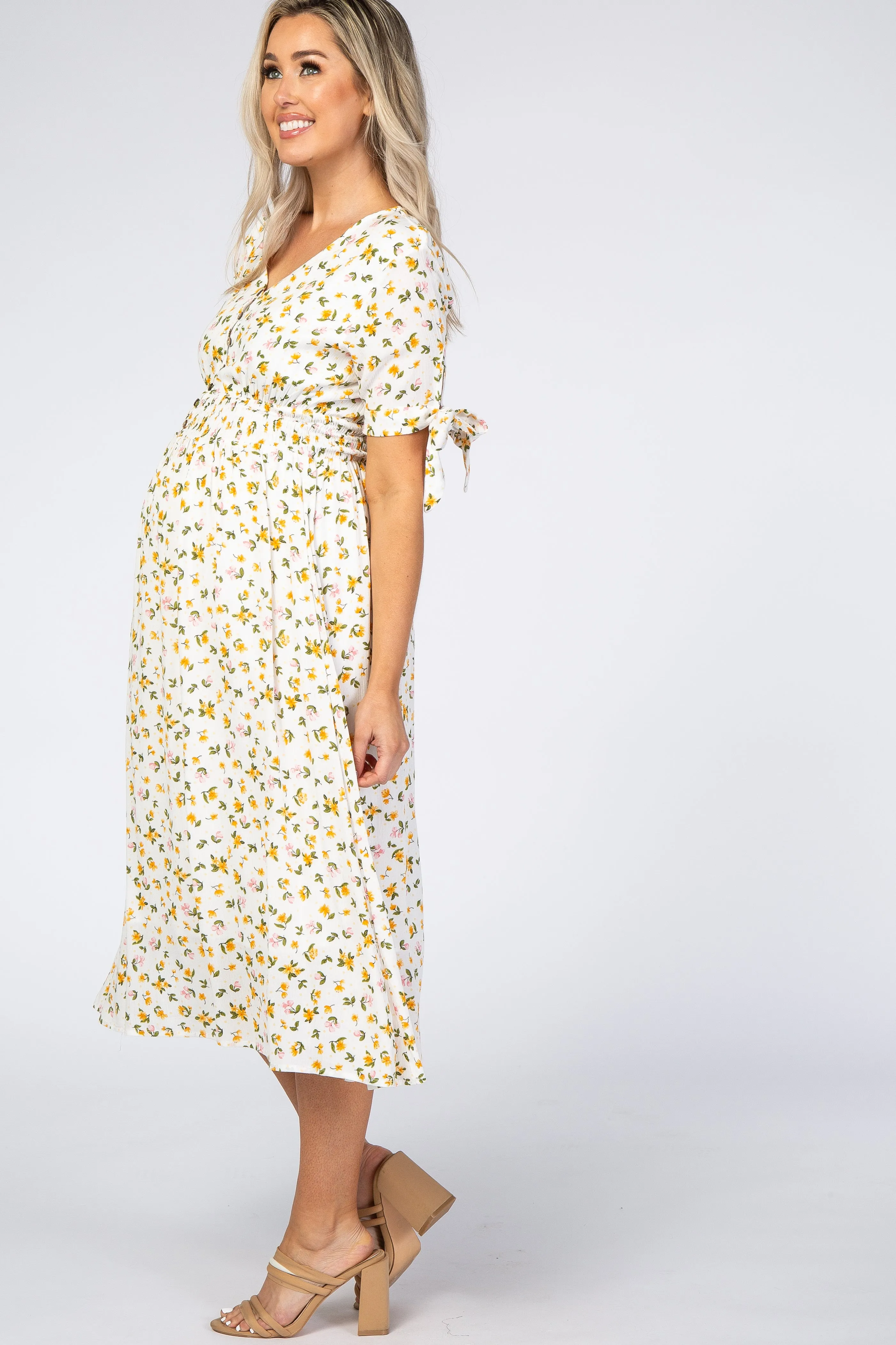Ivory Floral Tie Sleeve Maternity Midi Dress sold by Pinkblush product image thumbnail 2