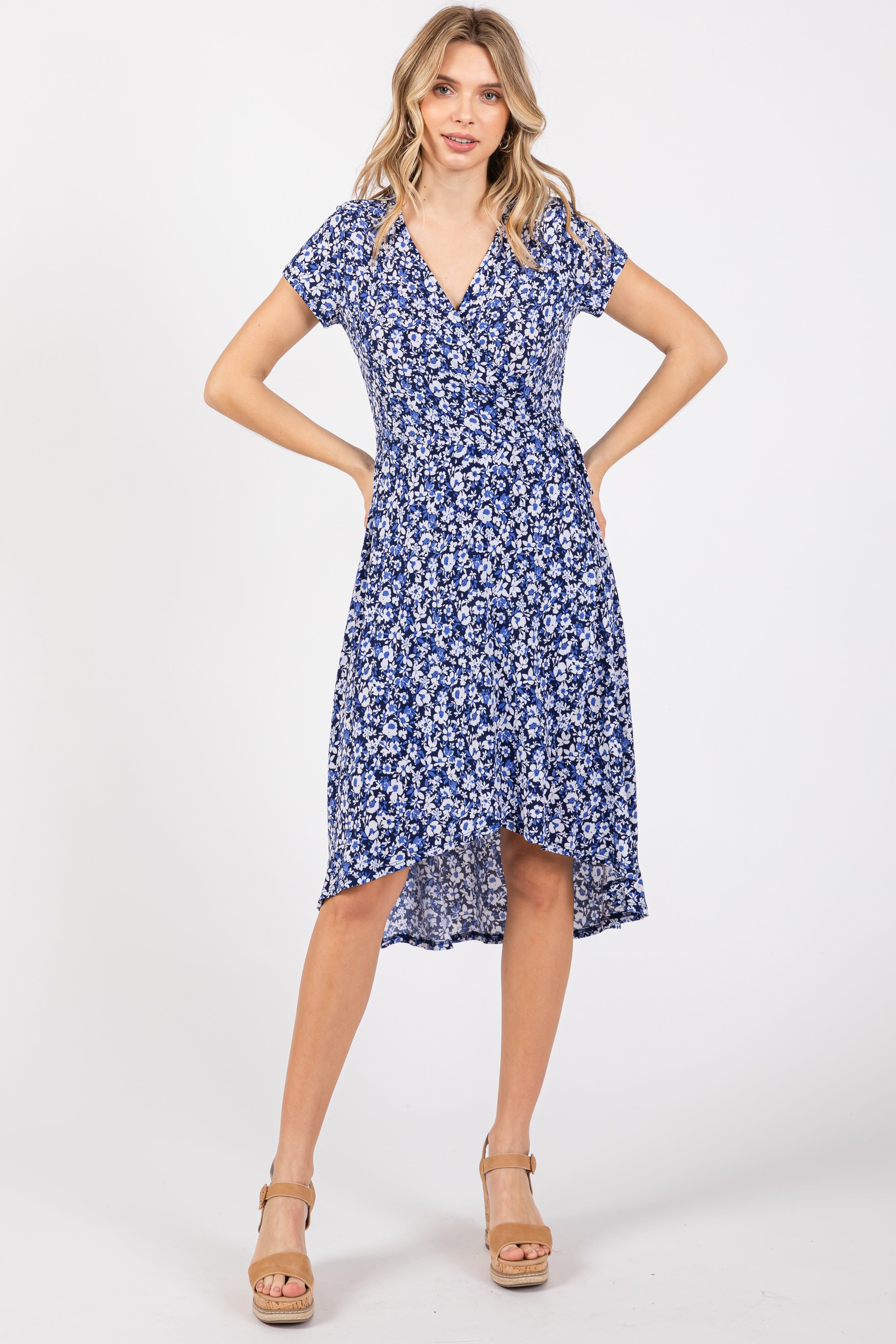 Navy Floral Wrap Midi Dress sold by Pinkblush product image thumbnail 5