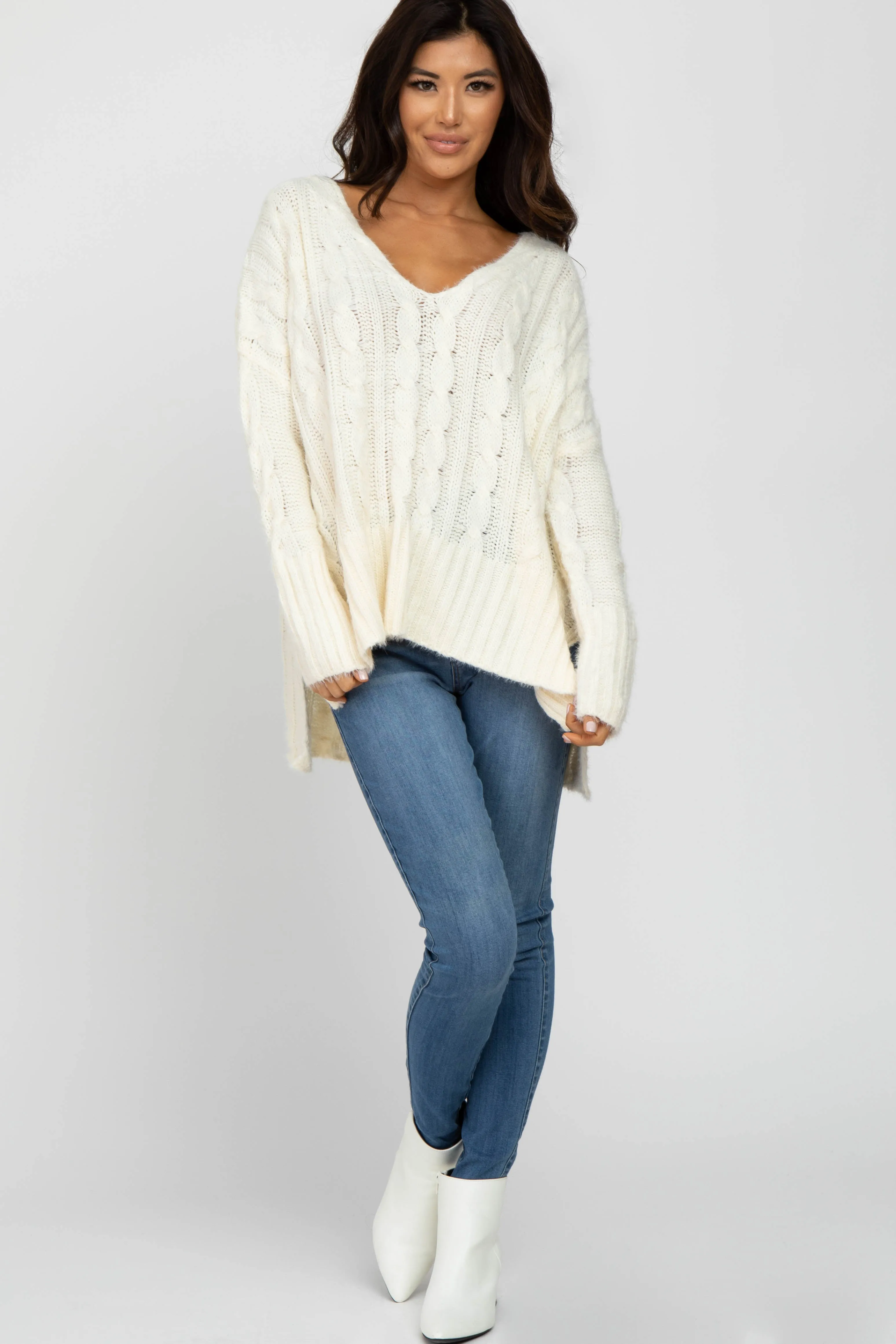 Ivory V-Neck Side Slit Cable Knit Sweater sold by Pinkblush product image thumbnail 2