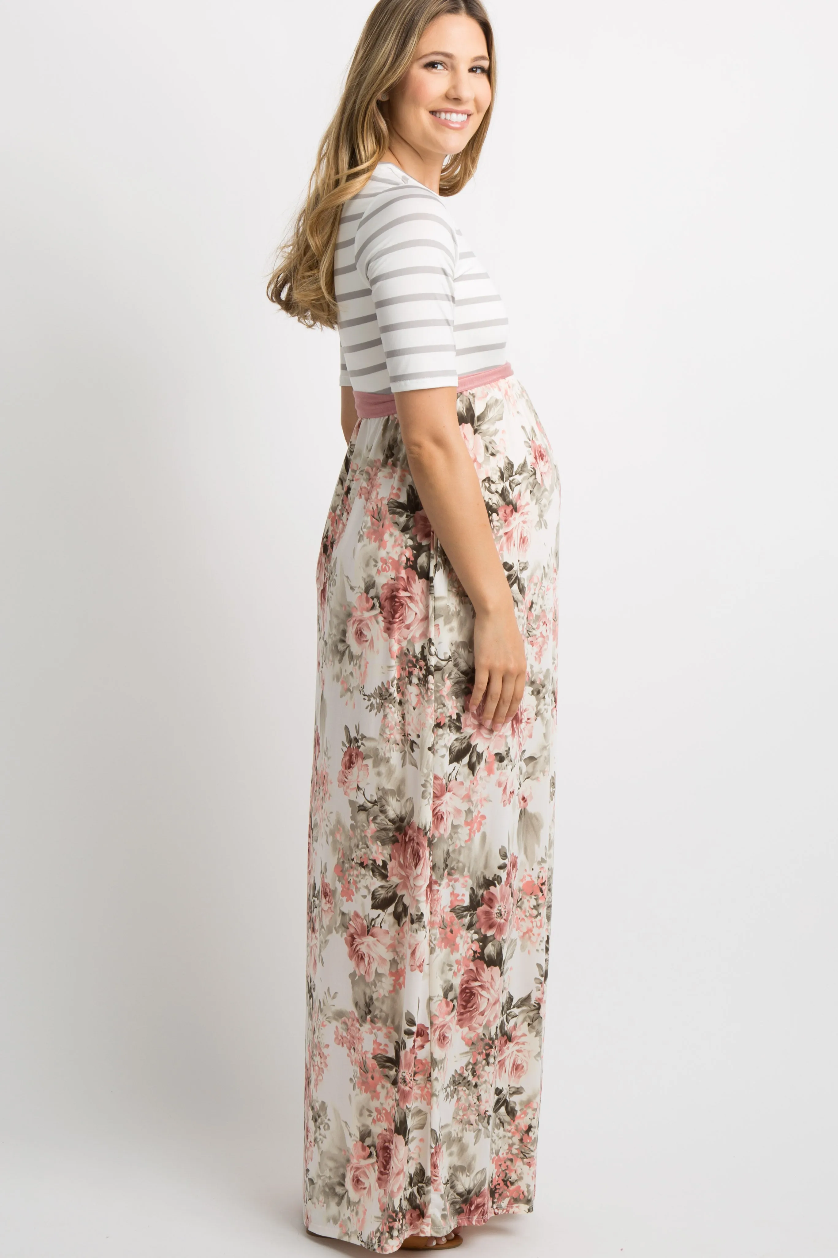Ivory Striped Colorblock Floral Maternity Maxi Dress sold by Pinkblush product image thumbnail 2