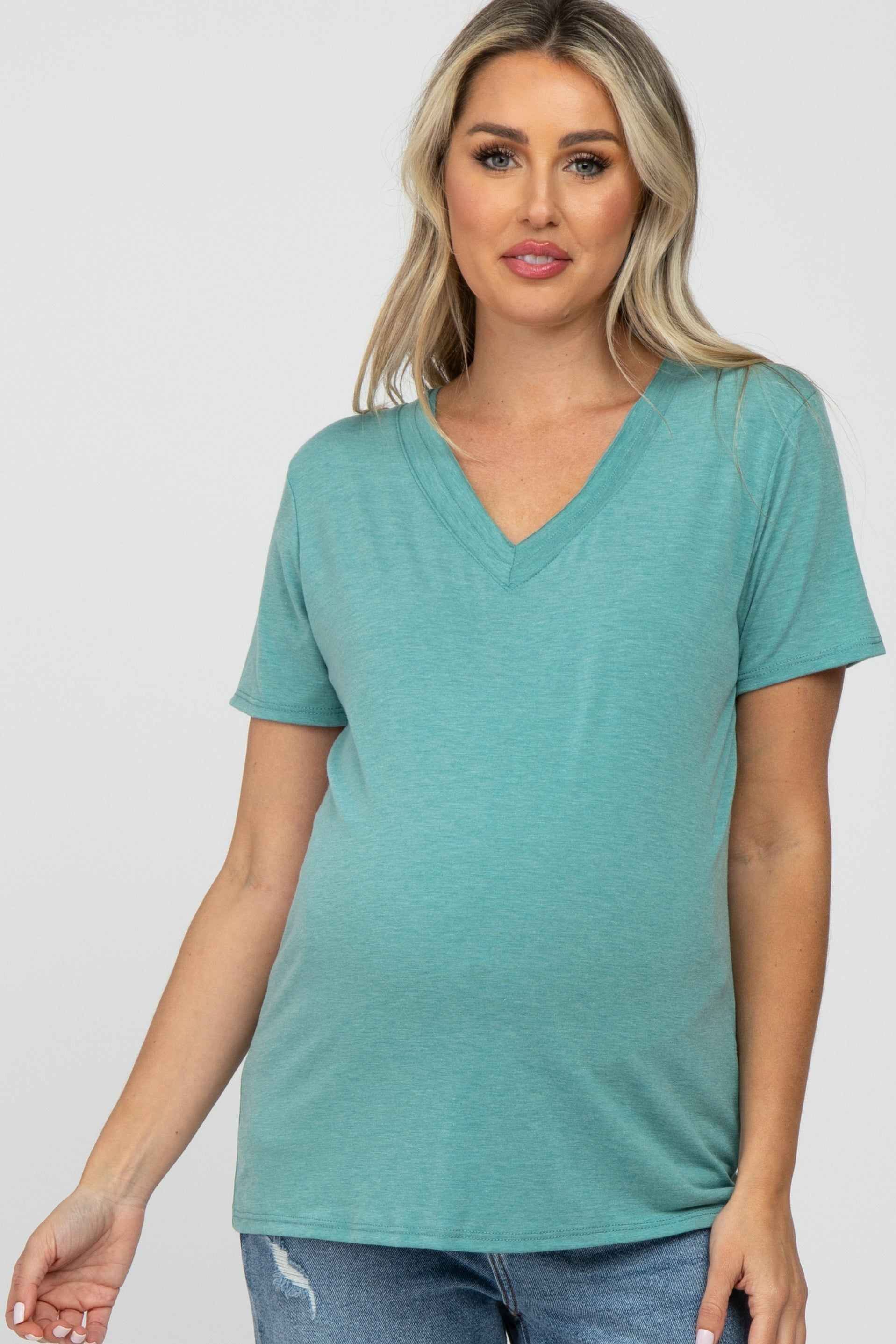 Mint Heathered V-Neck Maternity Top sold by Pinkblush
