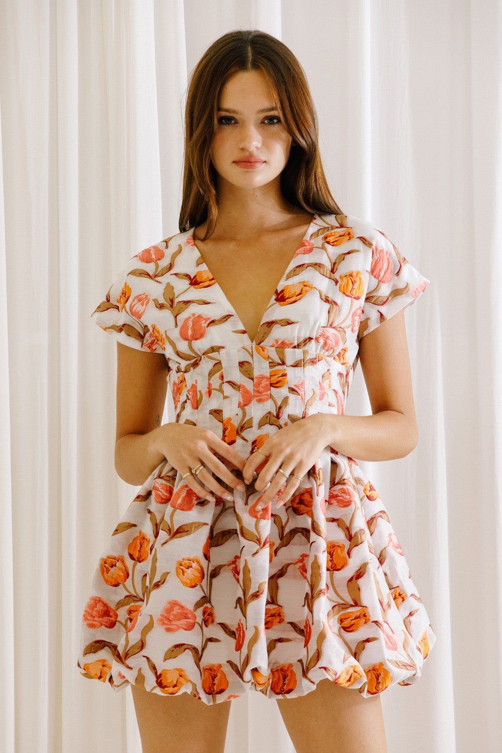 Pink Orange Floral Tulip Embroidered Mini Dress sold by Pinkblush
