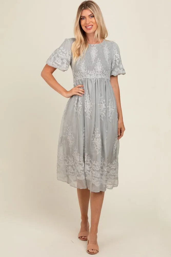 Grey Floral Lace Smocked Midi Dress sold by Pinkblush product image thumbnail 2