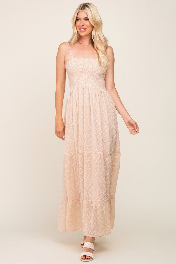 Beige Textured Dot Chiffon Sleeveless Maxi Dress sold by Pinkblush product image thumbnail 4