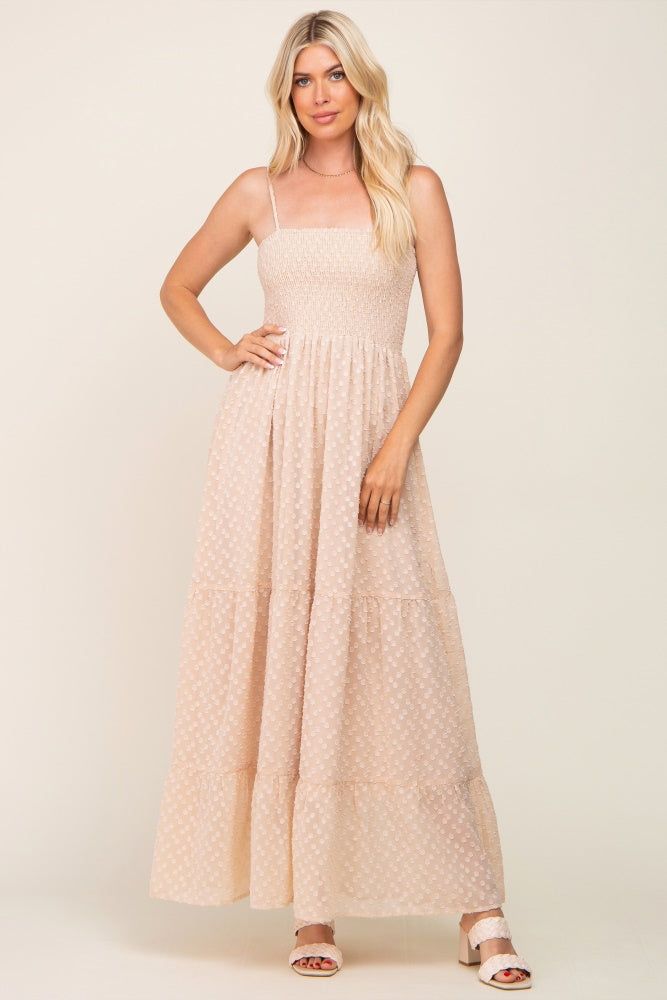 Beige Textured Dot Chiffon Sleeveless Maxi Dress sold by Pinkblush