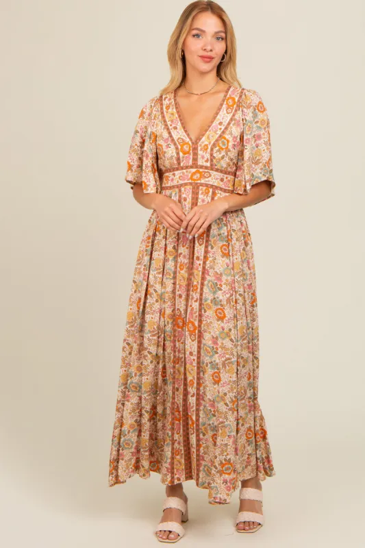 Ivory Floral Border Print Flutter Sleeve Maxi Dress sold by Pinkblush