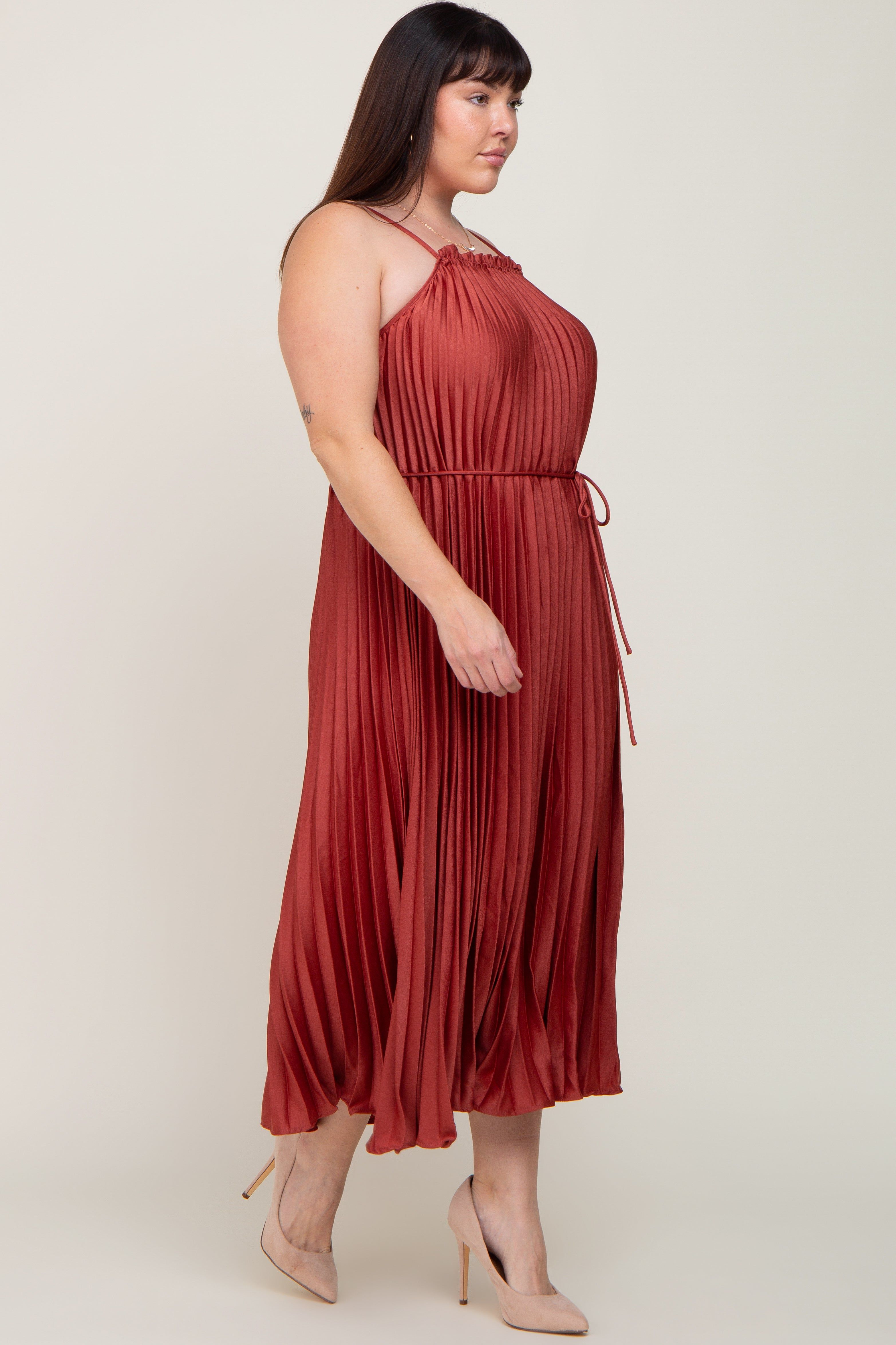 Rust Pleated Sleeveless Waist Tie Plus Maxi Dress sold by Pinkblush product image thumbnail 2