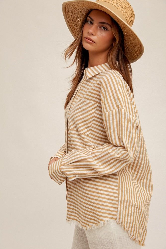 Light Brown Loose Fit Striped Button Down Shirt sold by Pinkblush product image thumbnail 3
