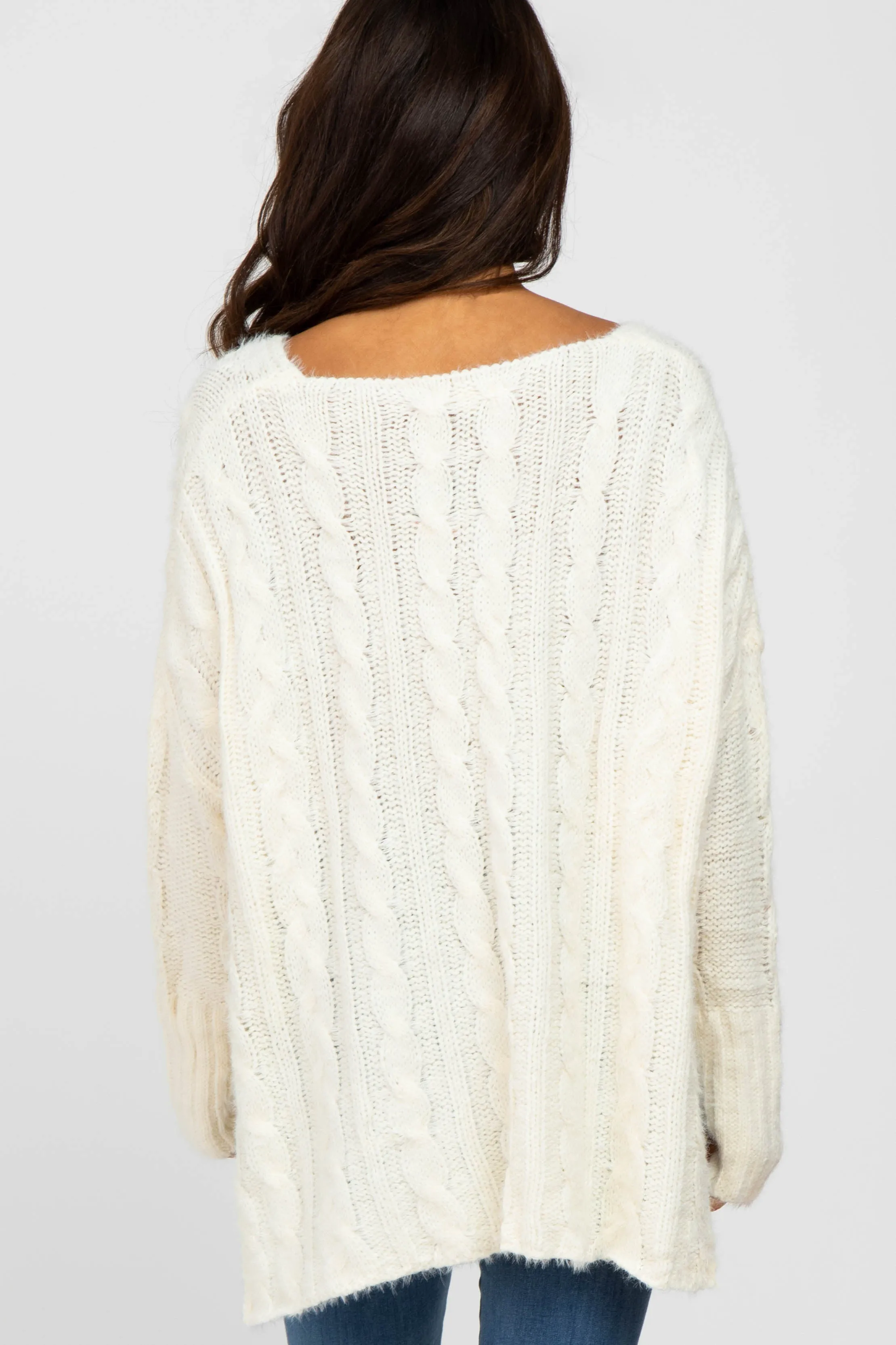 Ivory V-Neck Side Slit Cable Knit Sweater sold by Pinkblush product image thumbnail 3